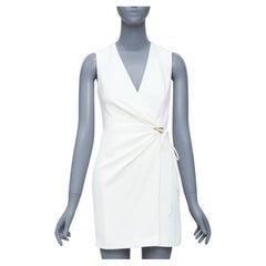 DION LEE vestido cruzado blanco con textura y detalles dorados UK6 XS