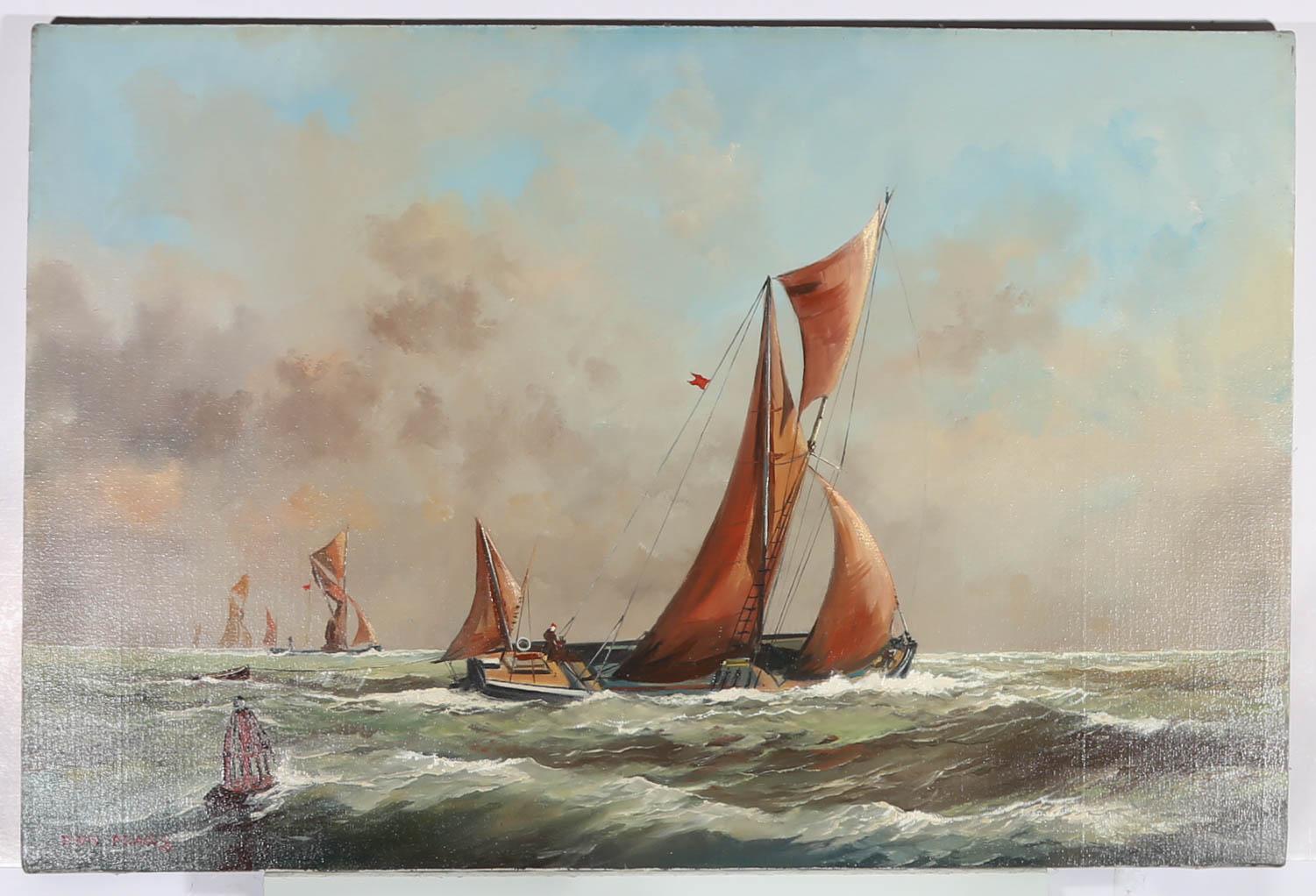 Dion Pears (1929 - 1985) - Huile du milieu du 20e sicle, Thames Barges at Sea II 1