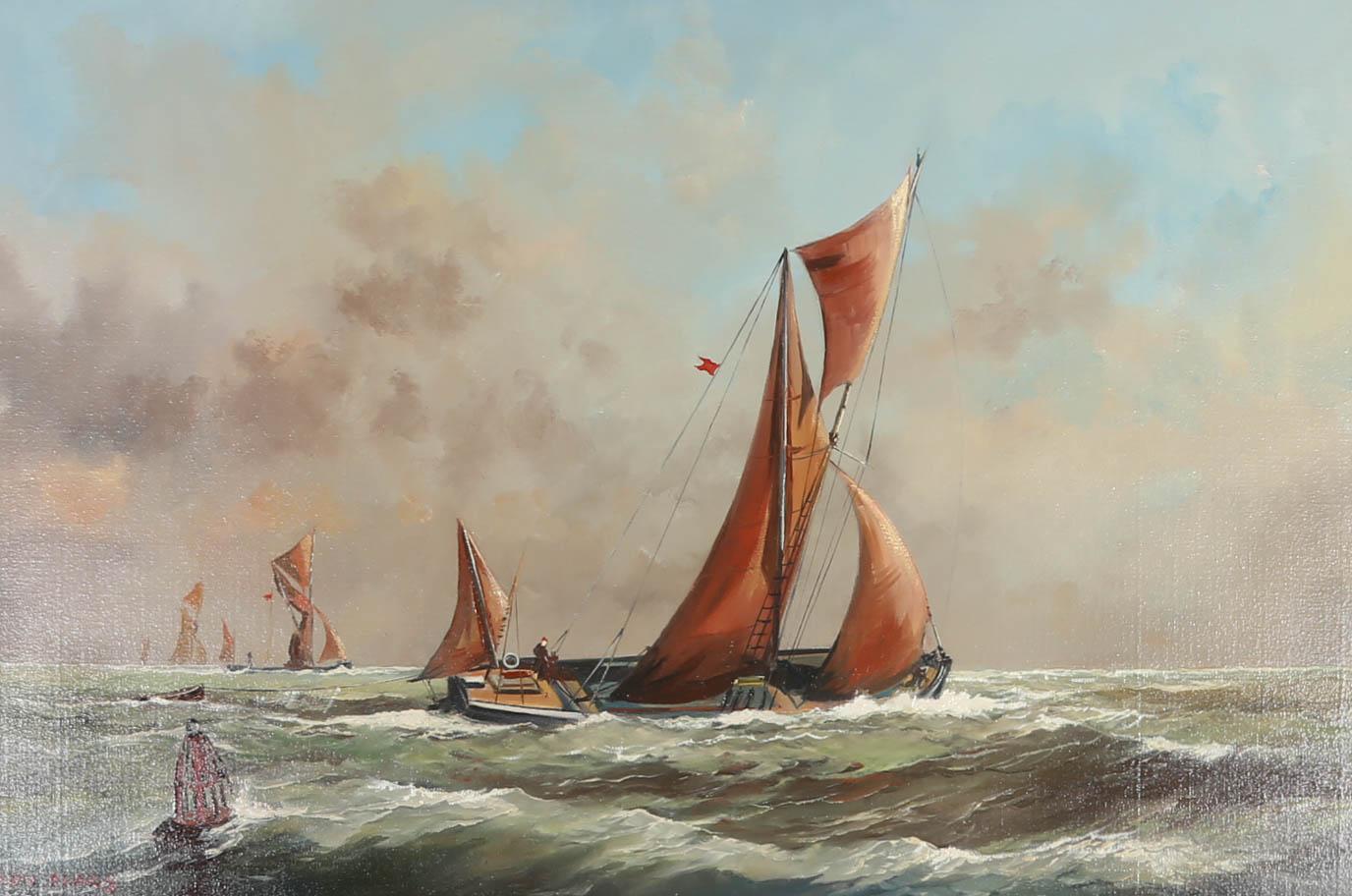 Cette charmante scène nautique représente une flotte de barges de la Tamise luttant contre des vagues agitées en mer. L
artiste montre un nuage d
orage empiétant sur un ciel bleu clair, ce qui donne une scène délicieusement dramatique. Signé en bas