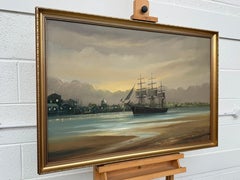 Maritime Painting of a Tall Ship in the Harbour at Twilight by British Artist