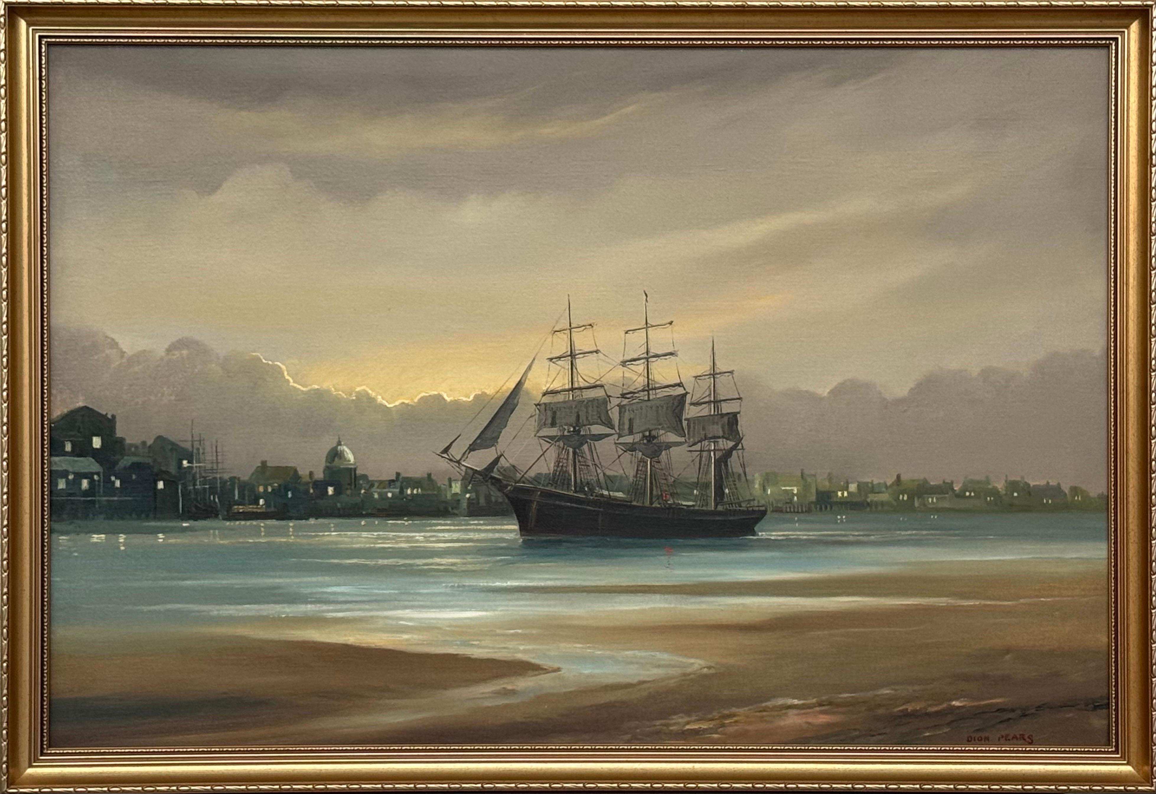 Maritimes Gemälde eines großen Schiffes im Hafen bei Dämmerung von einem britischen Künstler