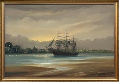 Maritime Painting of a Tall Ship in the Harbour at Twilight by British Artist
