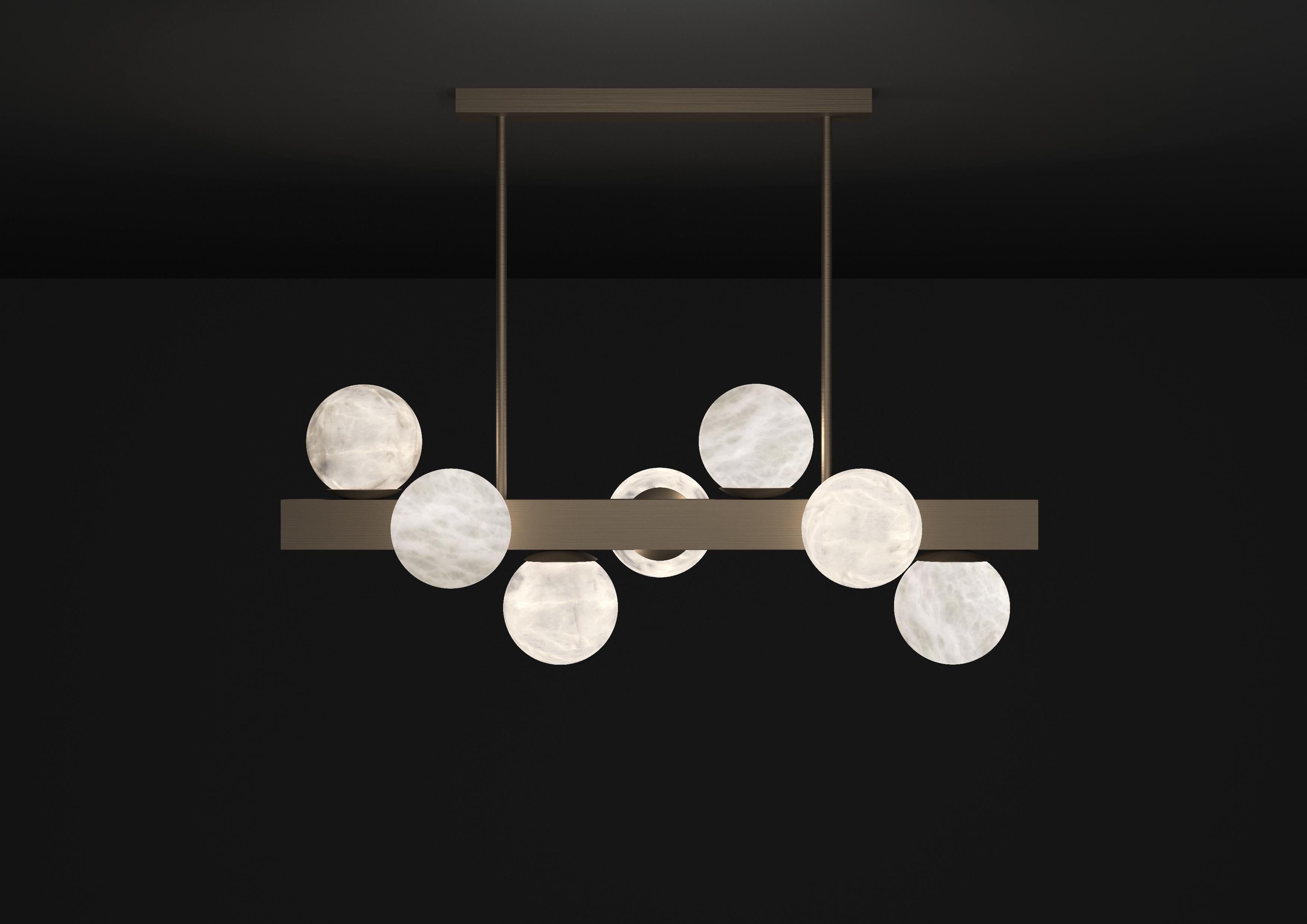 Dioniso Brushed Burnished Metal Pendant Lamp by Alabastro Italiano
Dimensions: D 35 x W 91 x H 36 cm.
Materials: White alabaster and metal.

Available in different finishes: Shiny Silver, Bronze, Brushed Brass, Ruggine of Florence, Brushed