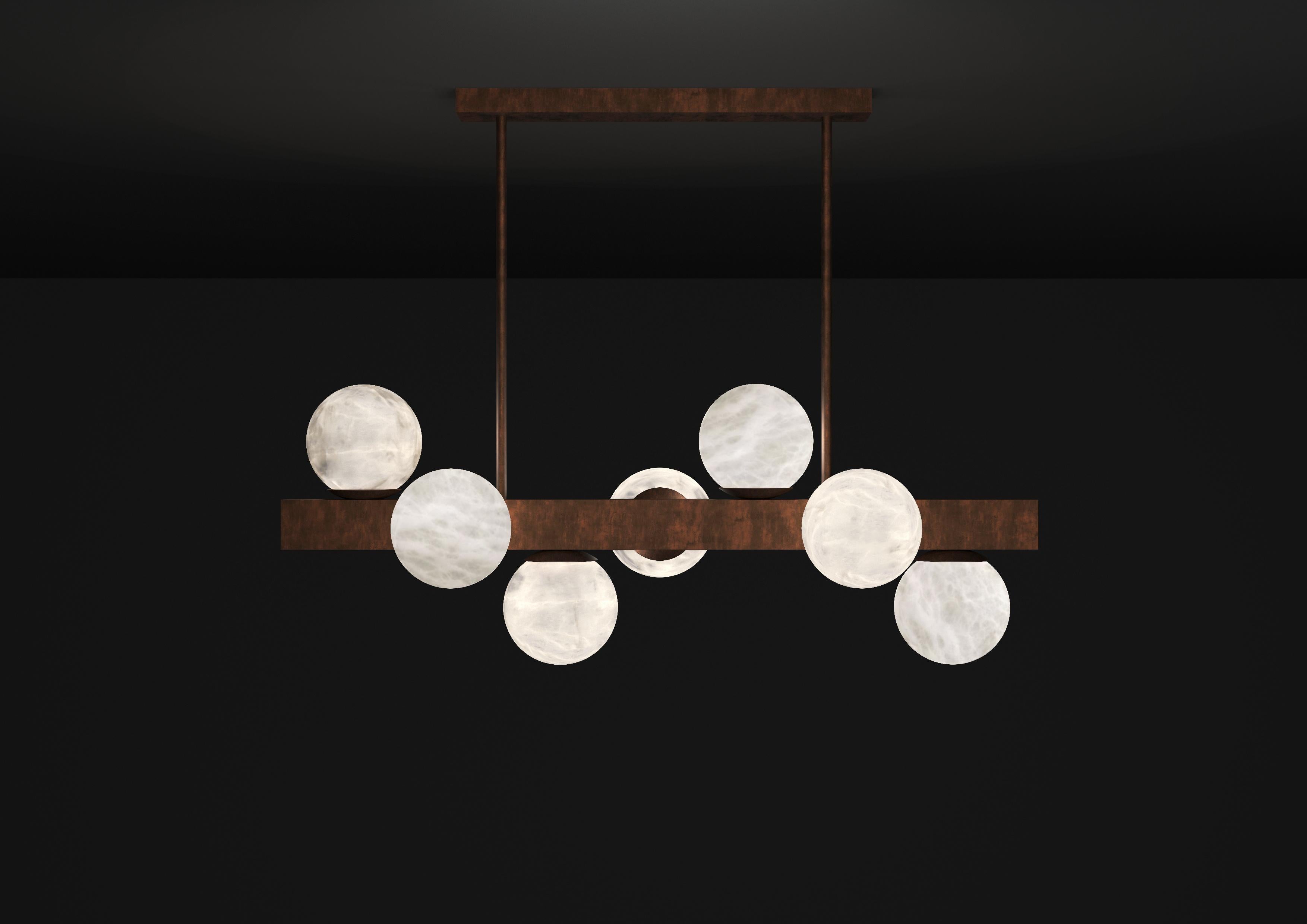 Dioniso Ruggine Of Florence Metal Pendant Lamp by Alabastro Italiano
Dimensions: D 35 x W 91 x H 36 cm.
Materials: White alabaster and metal.

Available in different finishes: Shiny Silver, Bronze, Brushed Brass, Ruggine of Florence, Brushed