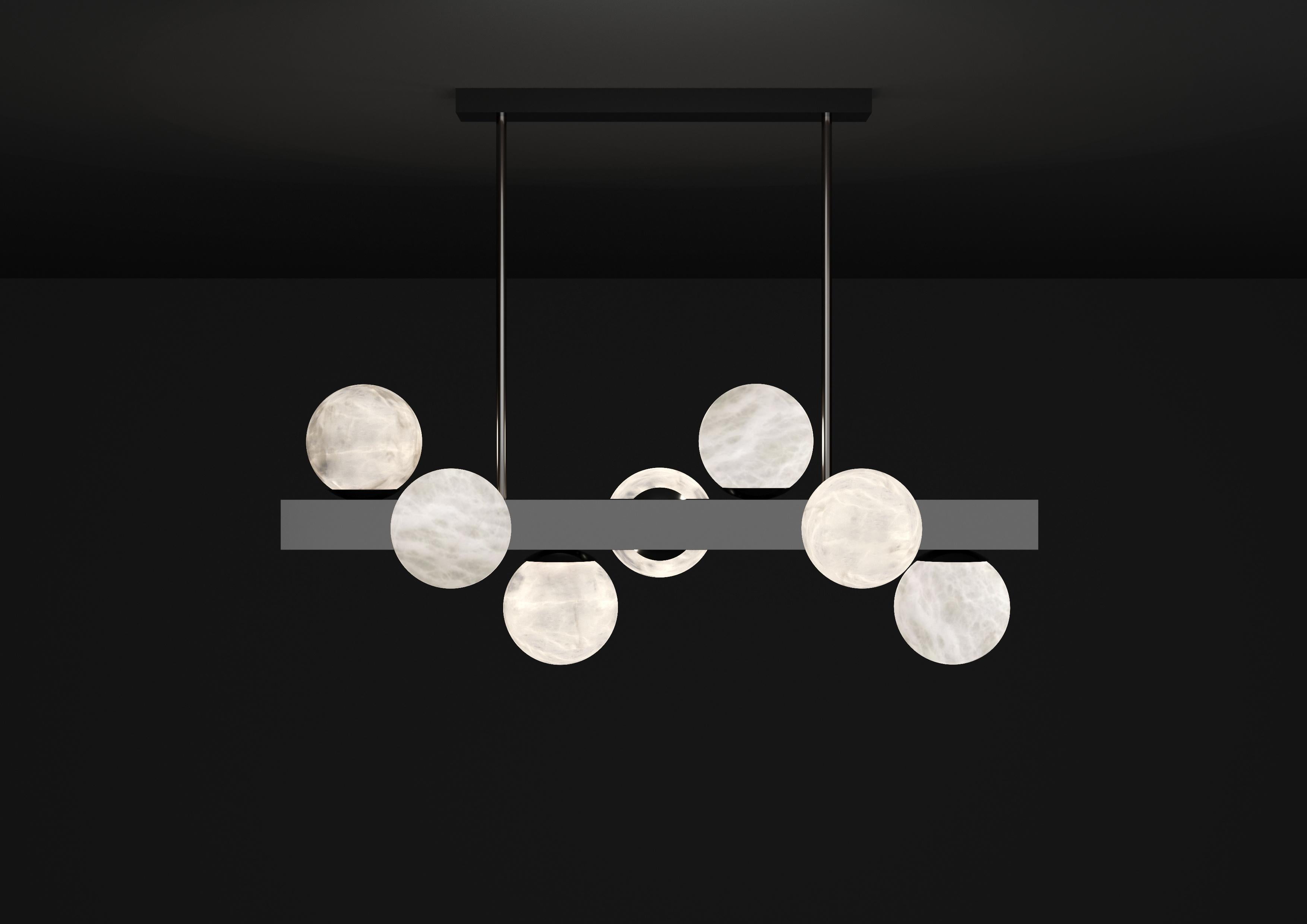 Dioniso Shiny Black Metal Pendant Lamp by Alabastro Italiano
Dimensions: D 35 x W 91 x H 36 cm.
Materials: White alabaster and metal.

Available in different finishes: Shiny Silver, Bronze, Brushed Brass, Ruggine of Florence, Brushed Burnished,