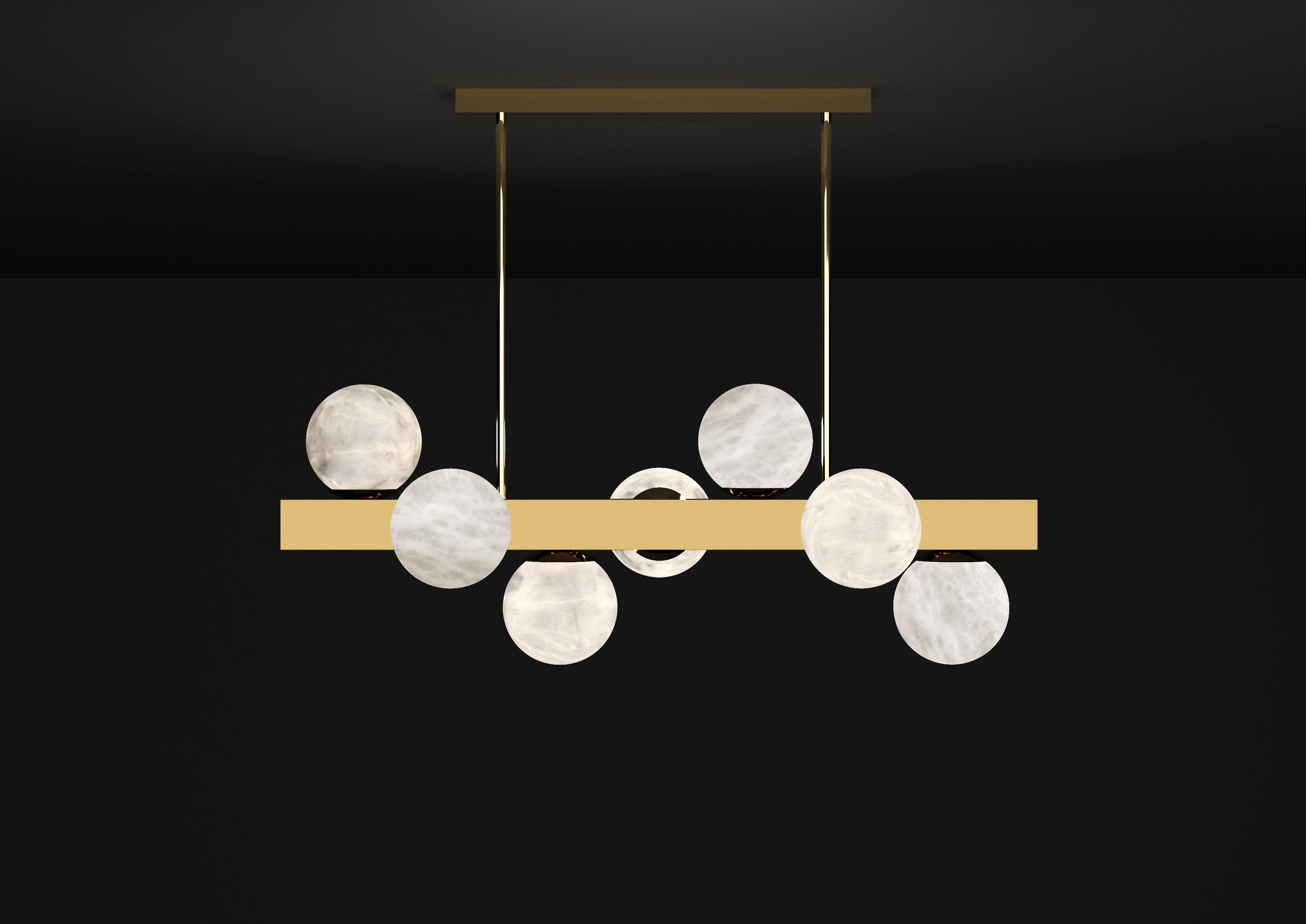 Dioniso Shiny Gold Metal Pendant Lamp by Alabastro Italiano
Dimensions: D 35 x W 91 x H 36 cm.
Materials: White alabaster and metal.

Available in different finishes: Shiny Silver, Bronze, Brushed Brass, Ruggine of Florence, Brushed Burnished, Shiny