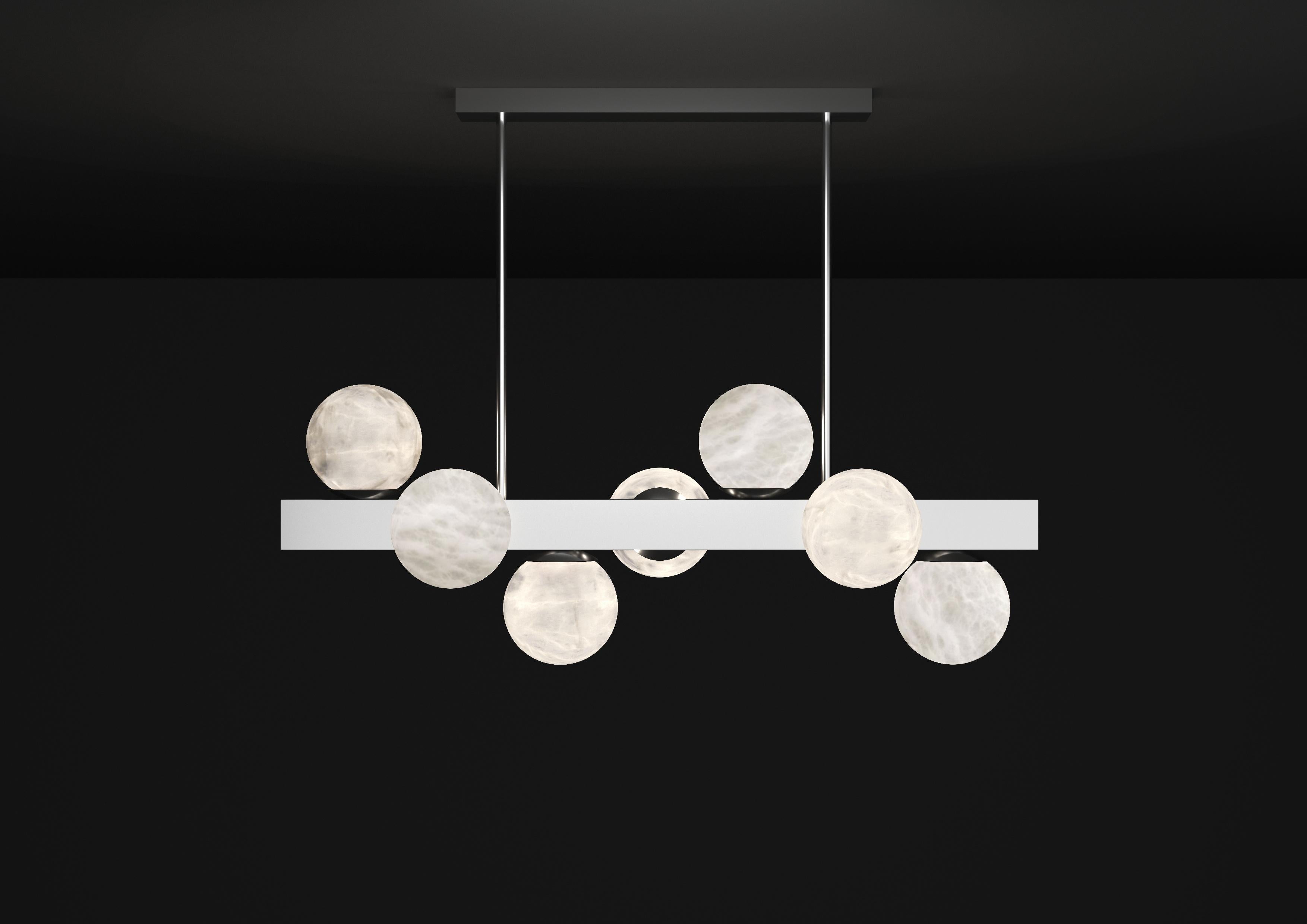 Dioniso Shiny Silver Metal Pendant Lamp by Alabastro Italiano
Dimensions: D 35 x W 91 x H 36 cm.
Materials: White alabaster and metal.

Available in different finishes: Shiny Silver, Bronze, Brushed Brass, Ruggine of Florence, Brushed Burnished,