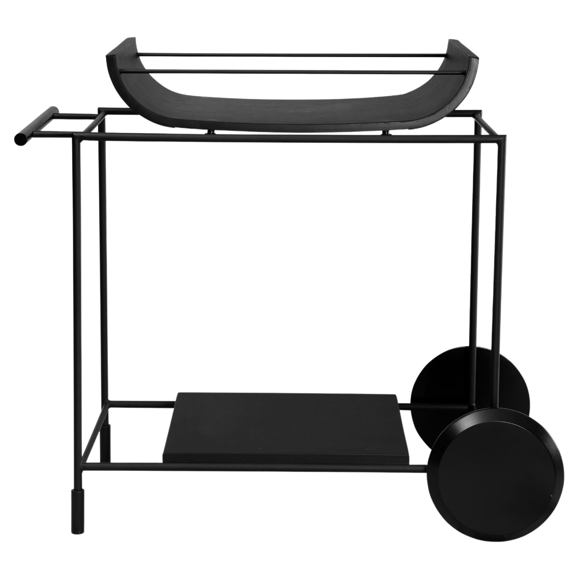 "Dionízio" Bar Cart in Black Carbon Steel Natural Wood Details and Leather