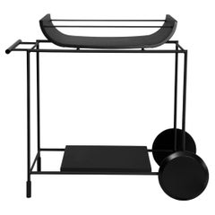 leather bar cart "Dionízio" Bar Cart in Black Carbon Steel Natural Wood Details and Leather