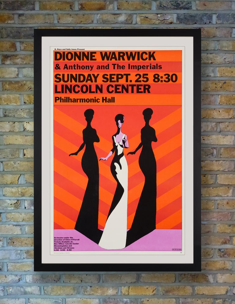 A rare and stunning original concert poster by celebrated American graphic designer Milton Glaser for Dionne Warwick's debut performance at the Philharmonic Hall, Lincoln Center, New York, on Sunday 25th September, 1966. With backing by a 24-piece