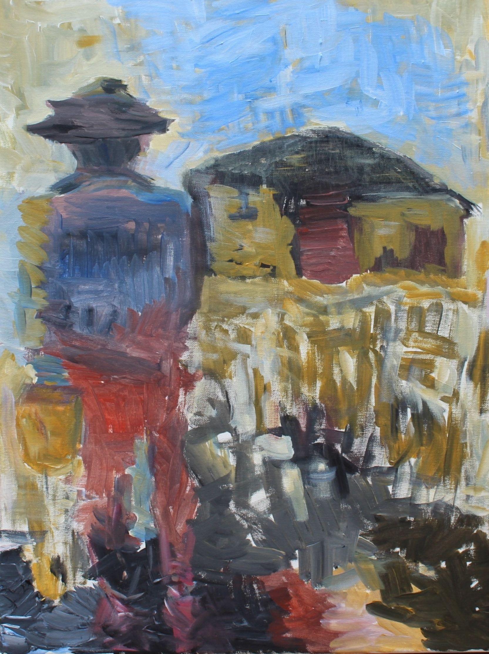 A house, a traveler, who stands and looks at it, theme of nostalgia, theme of return to your own soul, that the house represents, after drifting away from it for a long time  :: Painting :: Expressionism :: This piece comes with an official