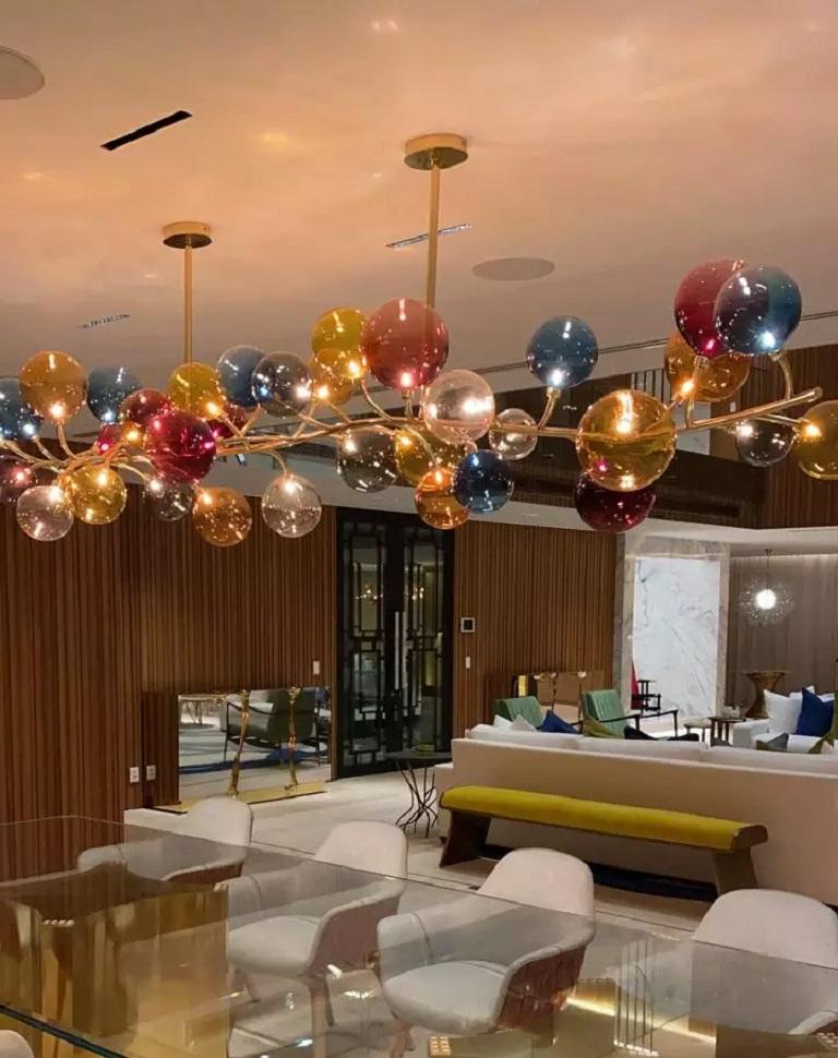 French Multicolor blown glass and brass contemporary chandelier light Emilie Lemardeley For Sale