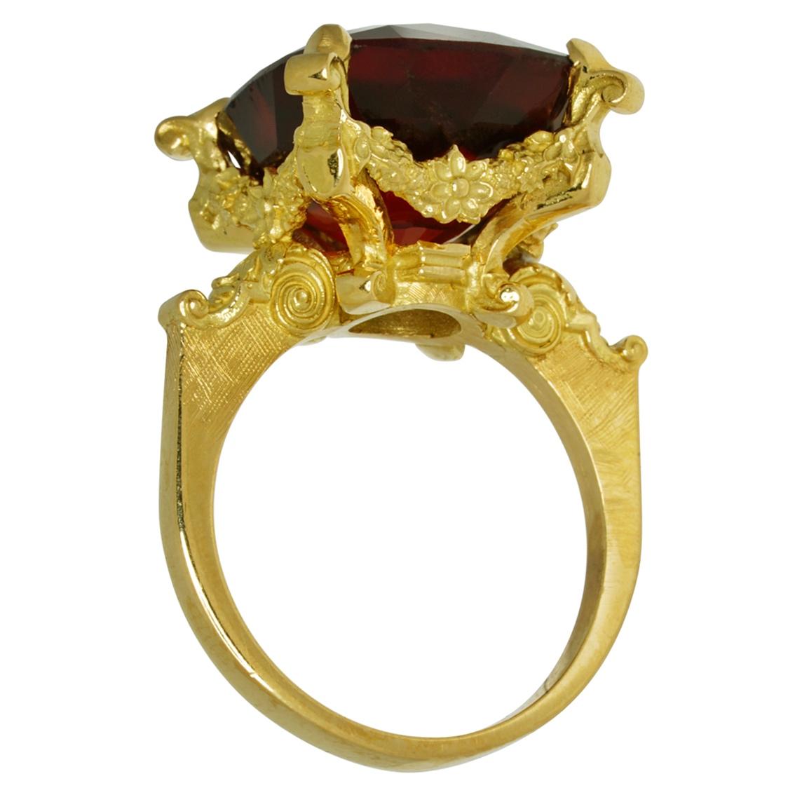 Dionysus and the Nymphs of Nysa Ring in 18kt Gold, Cushion Cut 20.98ct Garnet In New Condition For Sale In Melbourne, Vic