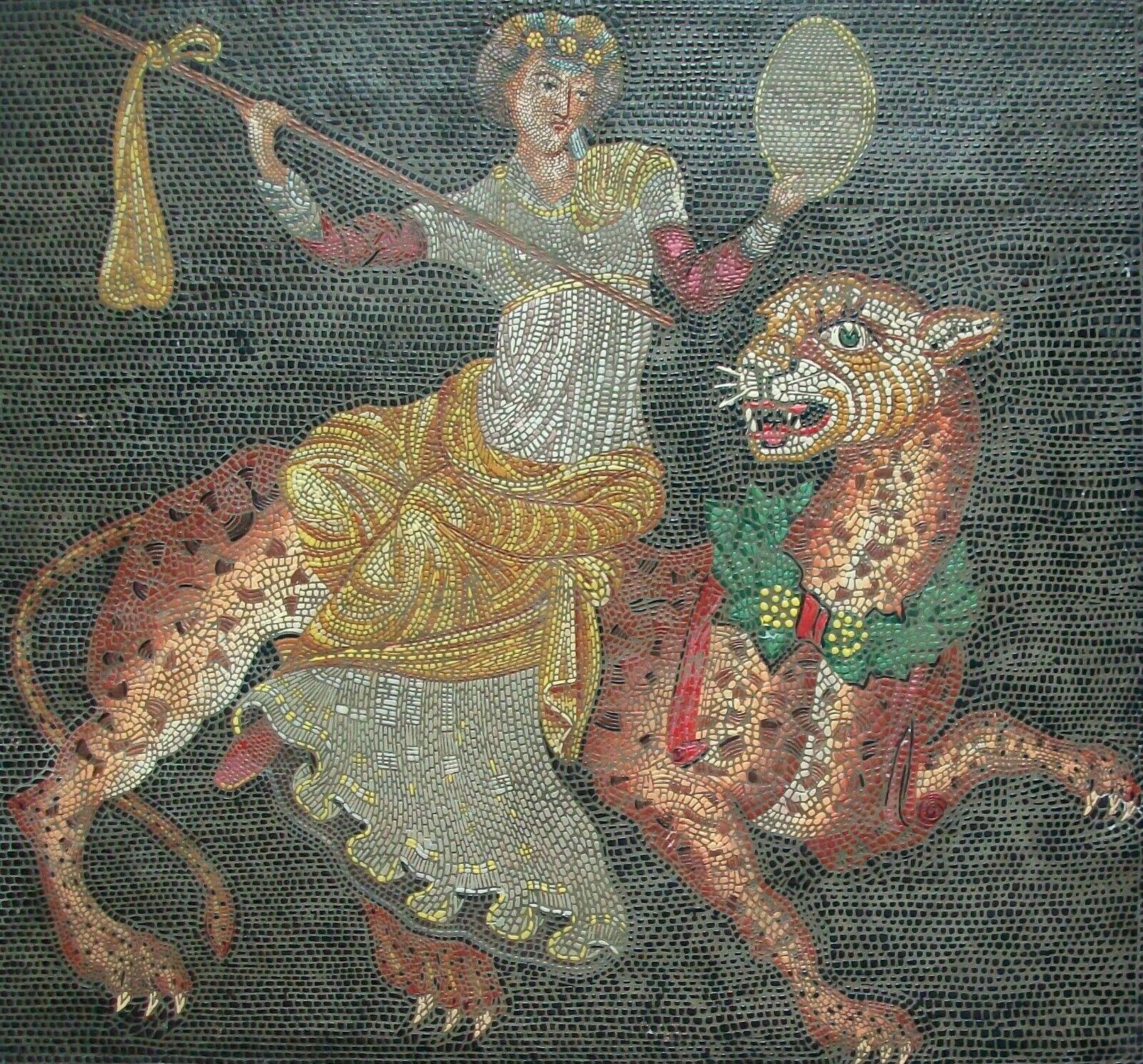 Dionysus Riding Panther (After the Antique) - Vintage Greco-Roman style - molded and painted Micro Mosaic style panel - contained in a wood frame with a walnut stain - lacquered paper dust cover to the back - signed and dated on the back