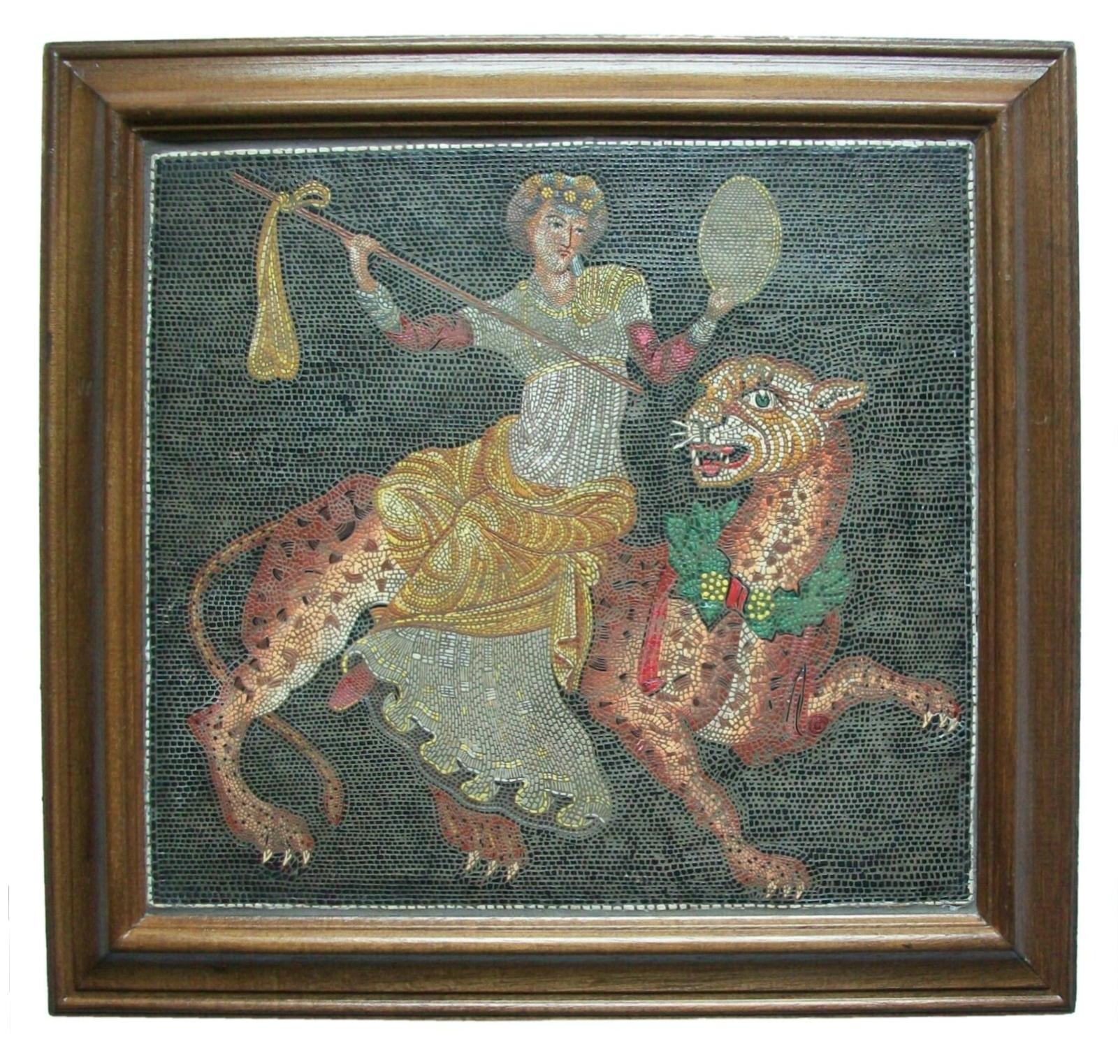 Classical Greek Dionysus Riding Panther, Molded Mosaic Style Panel, Signed, Greece, C.1987 For Sale