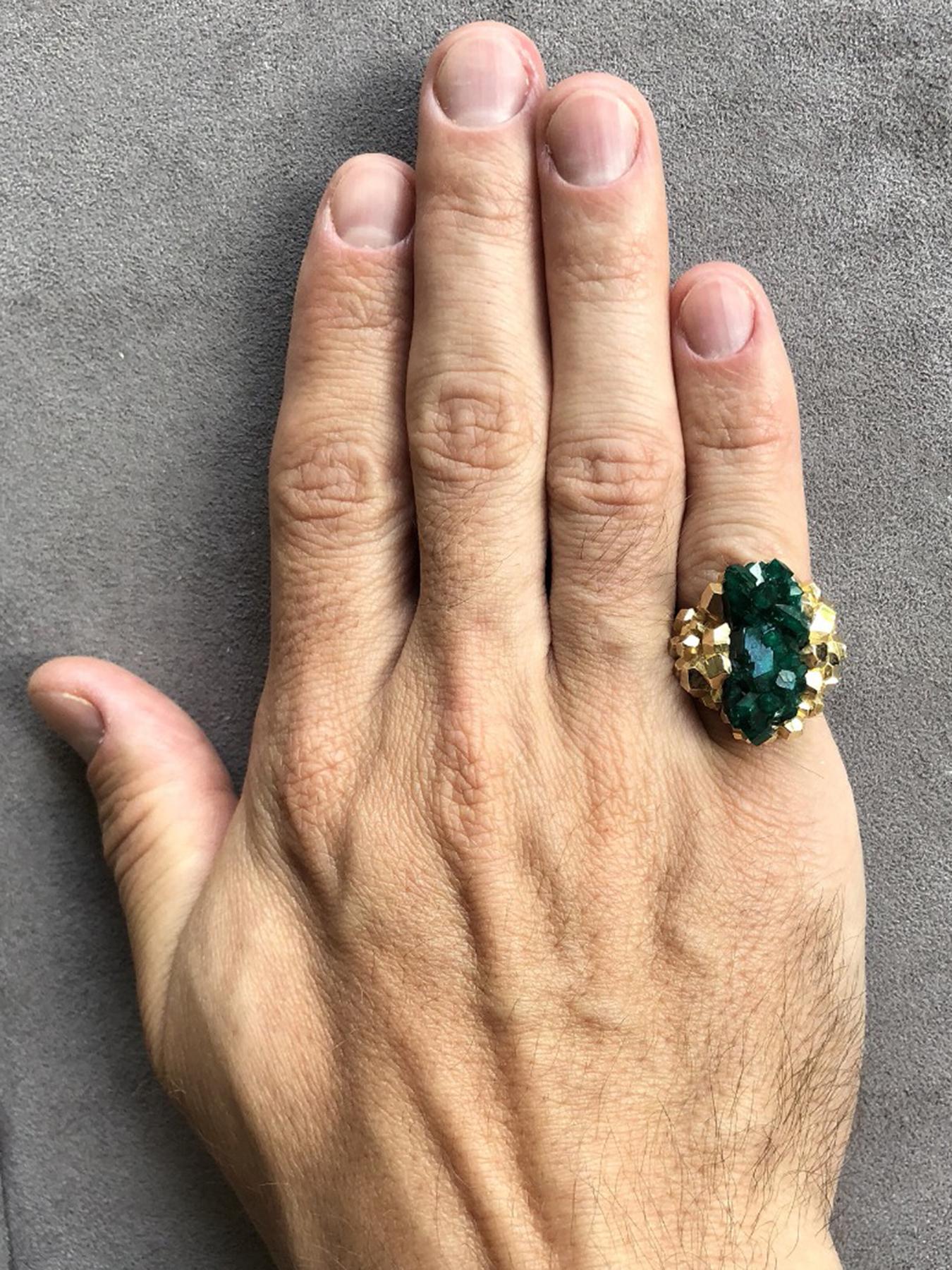 Dioptase Gold ring crystal chunky spiritual leader gift brutalist style unisex For Sale 8
