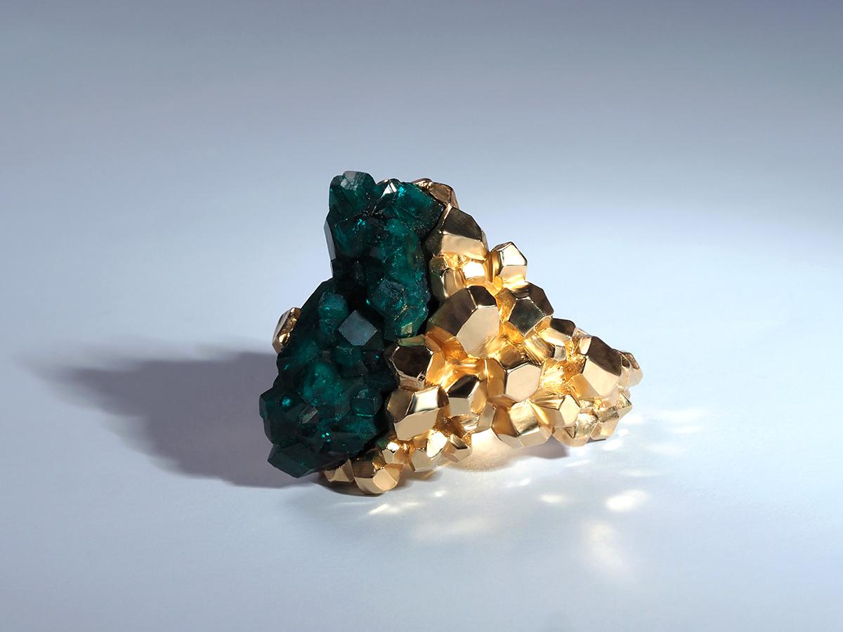 Uncut Dioptase Gold ring crystal chunky spiritual leader gift brutalist style unisex For Sale
