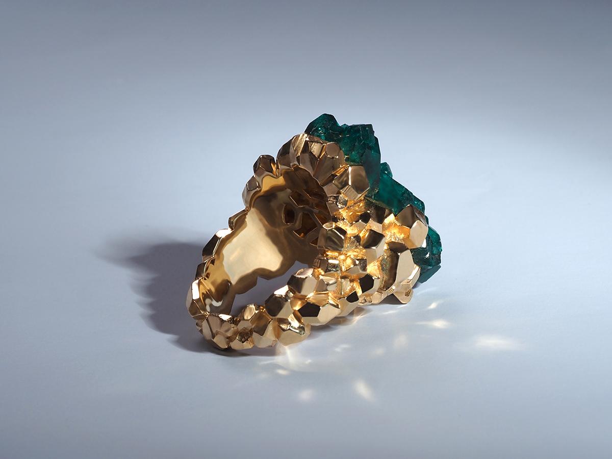 Dioptase Gold ring crystal chunky spiritual leader gift brutalist style unisex For Sale 1