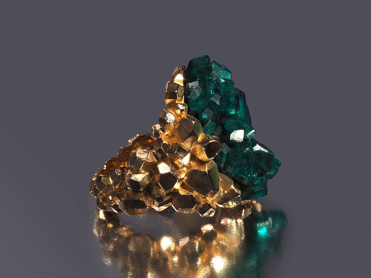 Dioptase Gold ring crystal chunky spiritual leader gift brutalist style unisex For Sale 9