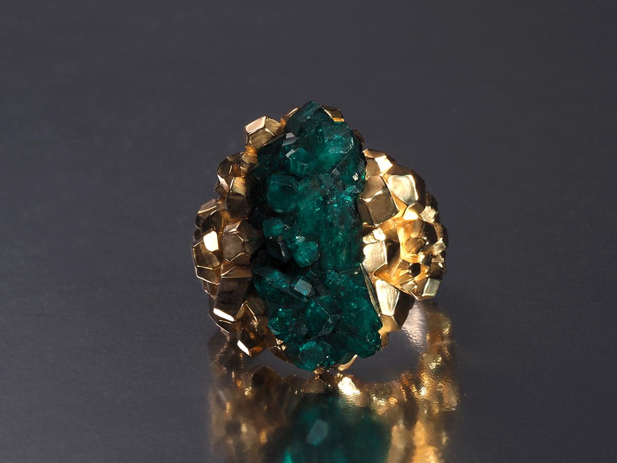 Dioptase Gold ring crystal chunky spiritual leader gift brutalist style unisex For Sale 10