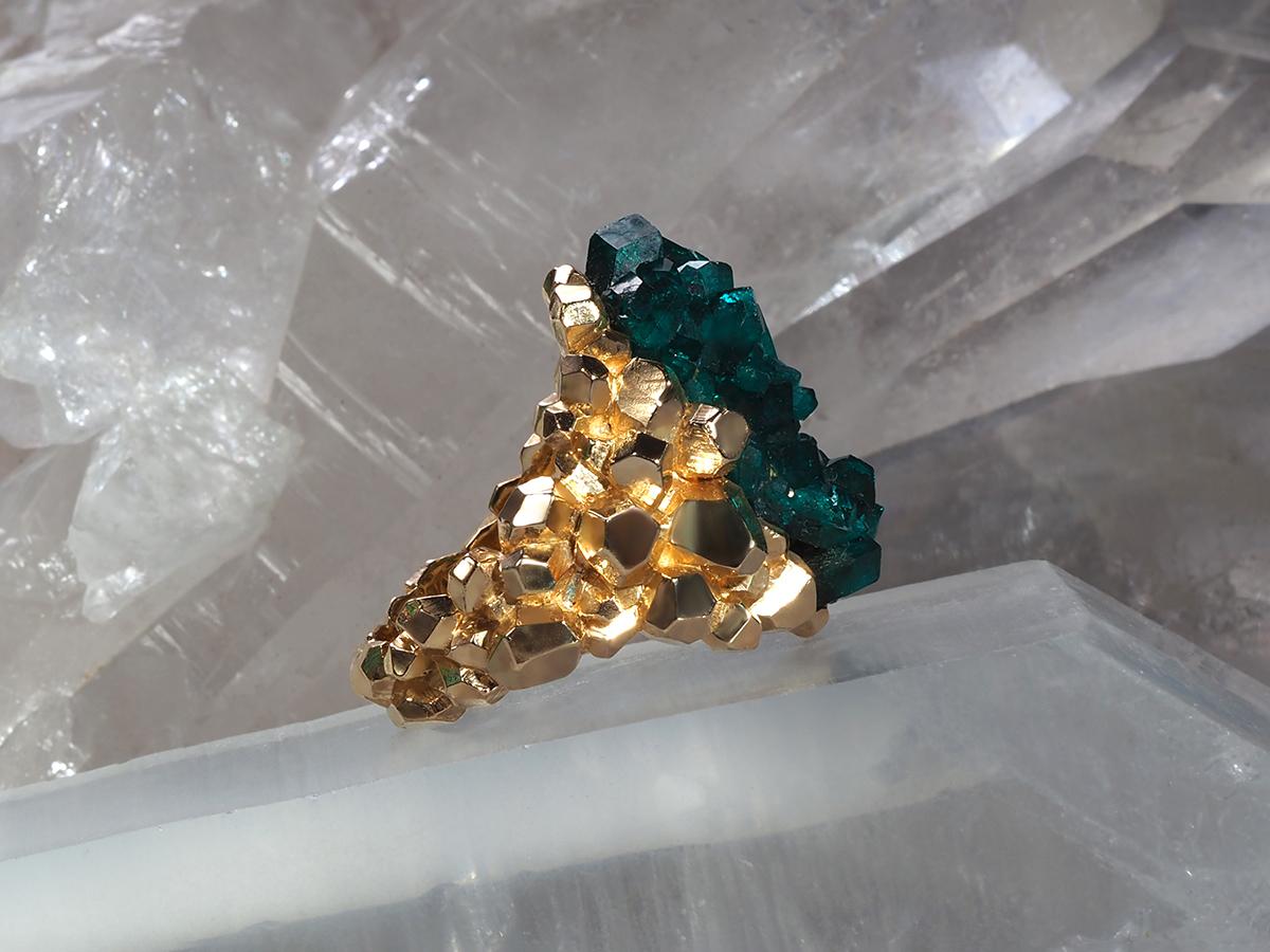 Dioptase Gold ring crystal chunky spiritual leader gift brutalist style unisex For Sale 5