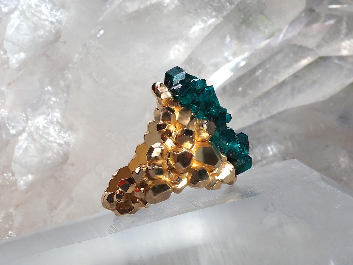 Dioptase Gold ring crystal chunky spiritual leader gift brutalist style unisex For Sale 6
