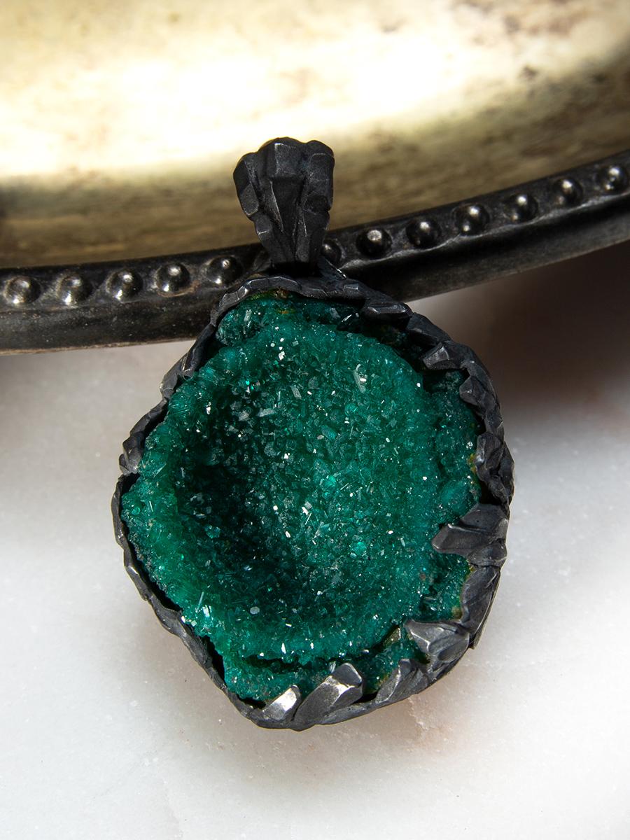 Artisan Dioptase Necklace geode Deep Forest Green Raw Crystal Unisex For Sale