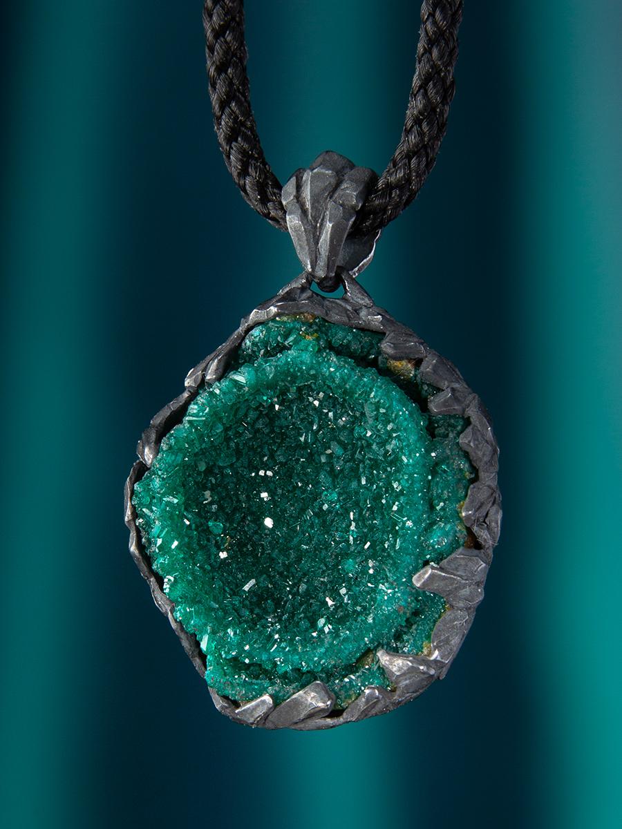 Uncut Dioptase Necklace geode Deep Forest Green Raw Crystal Unisex For Sale