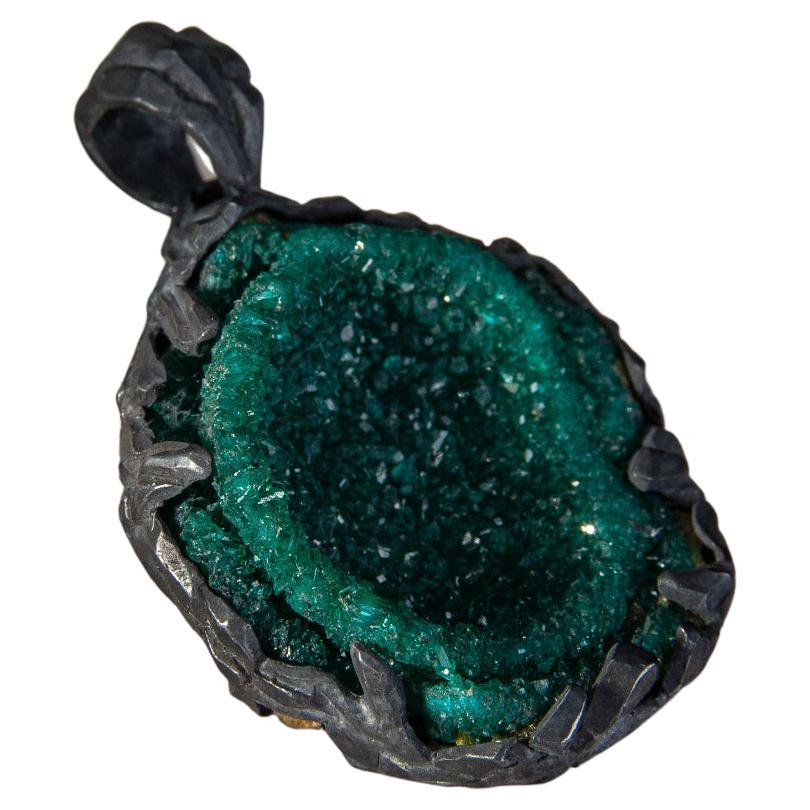 Dioptase Necklace geode Deep Forest Green Raw Crystal Unisex For Sale
