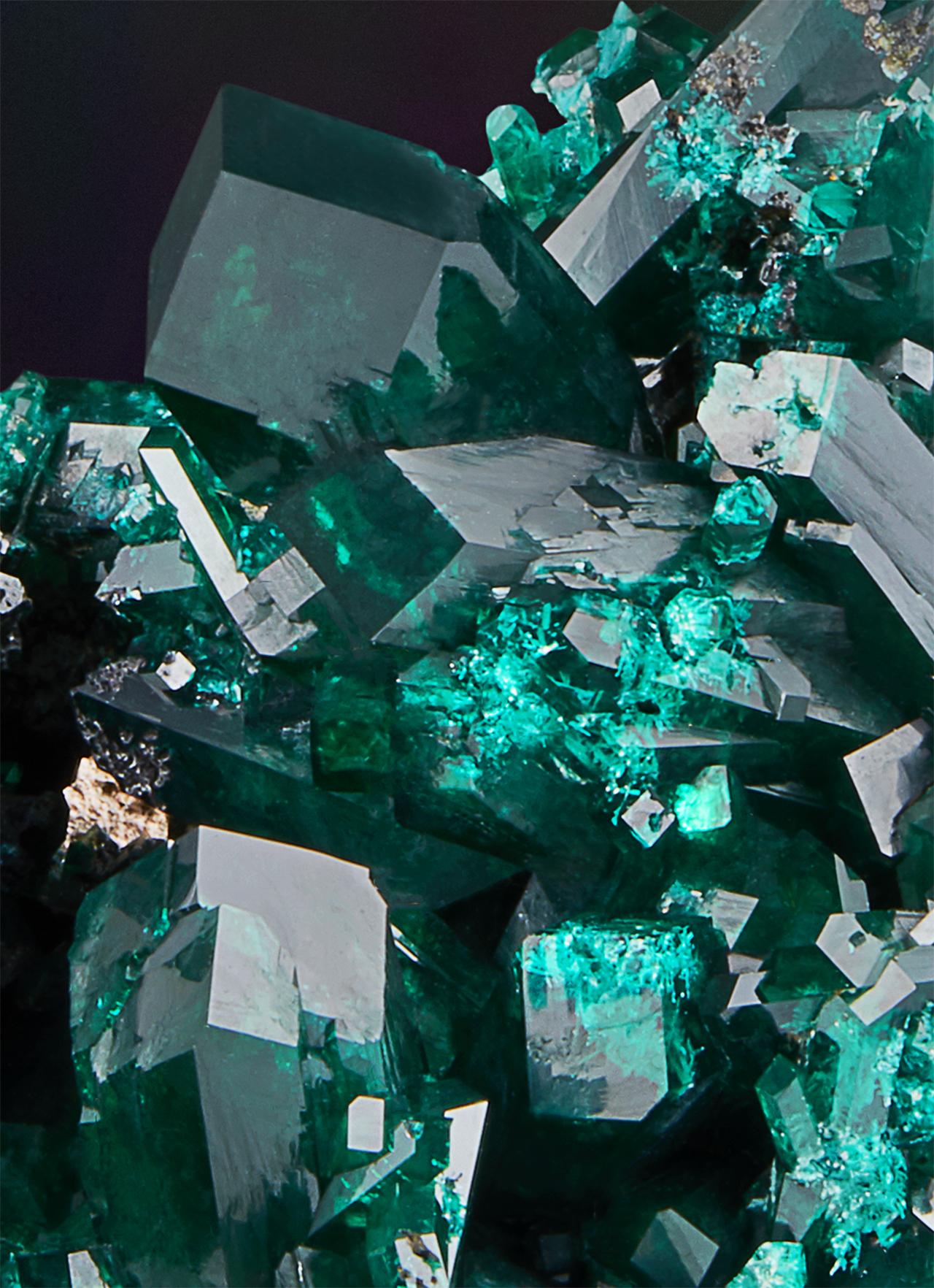 Dioptase, Omaue Mine, Kaokoveld Plateau, Kunene Region, Namibia

Measures: 9.5 cm tall x 9.9 cm wide

Dioptase, once believed to be emerald when first encountered, is amongst the most vividly colored species. Large gem crystals, such as these,