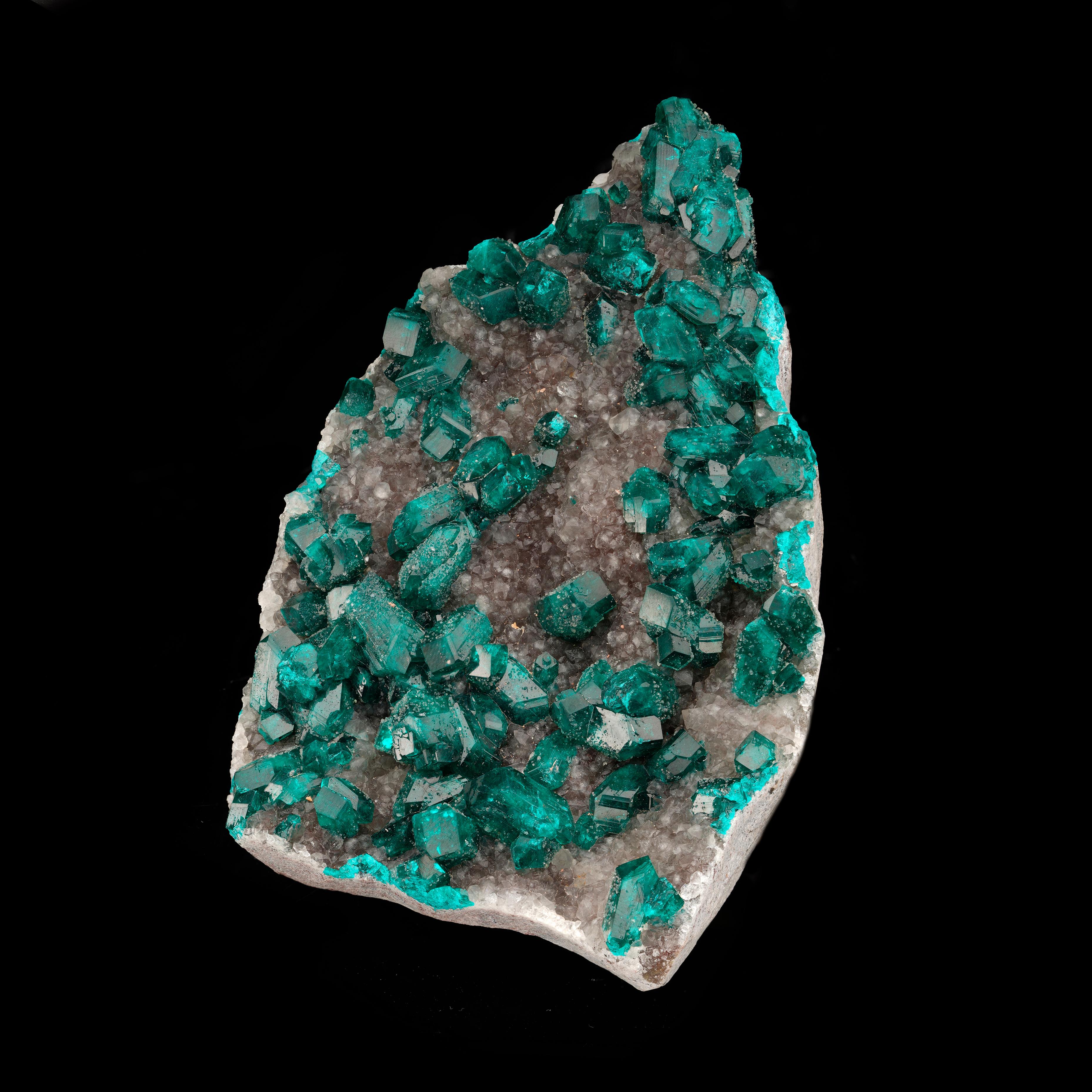 Congolese Dioptase on Calcite From the DRC For Sale