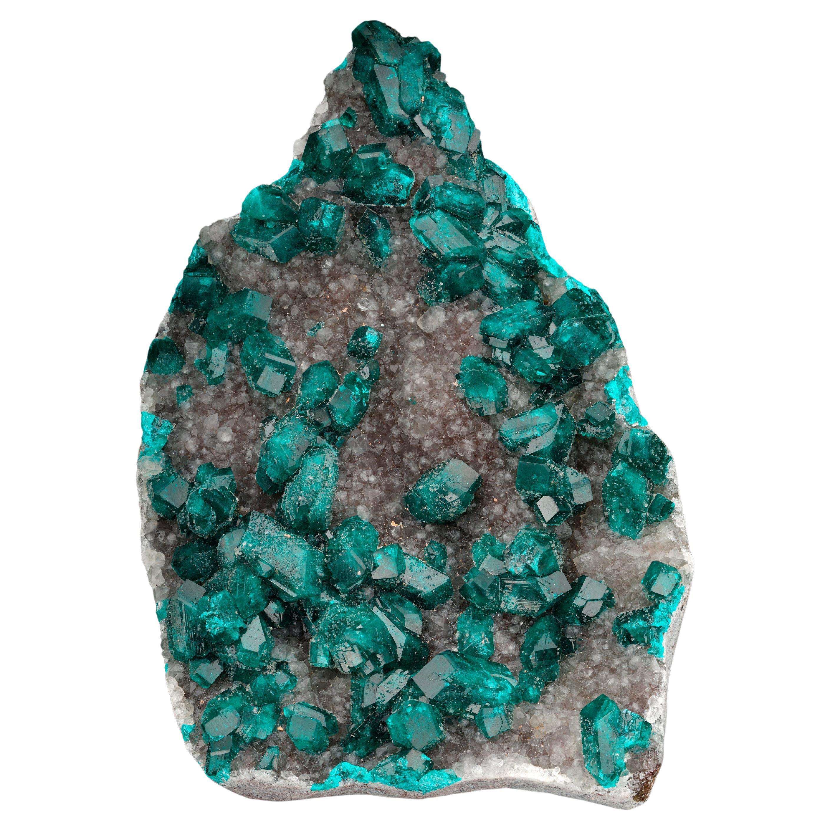 Dioptase on Calcite From the DRC For Sale