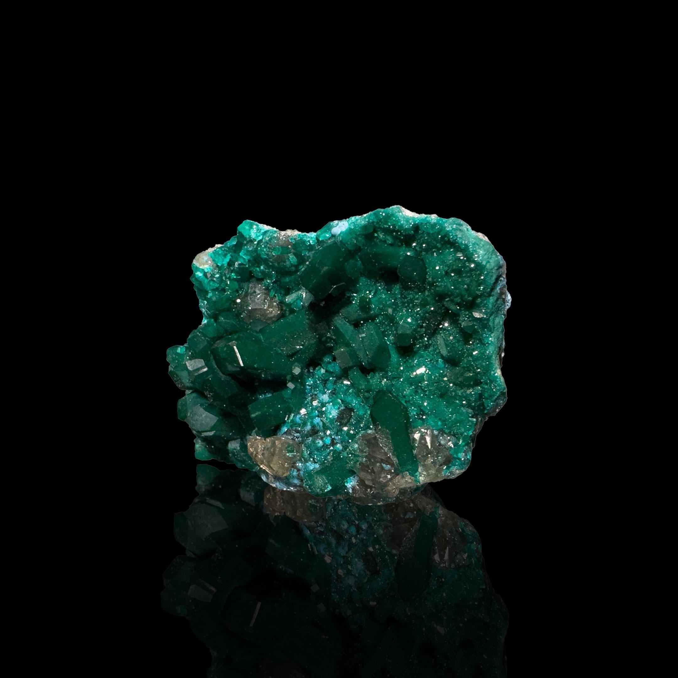 Congolese Dioptase on Calcite With Plancheite For Sale