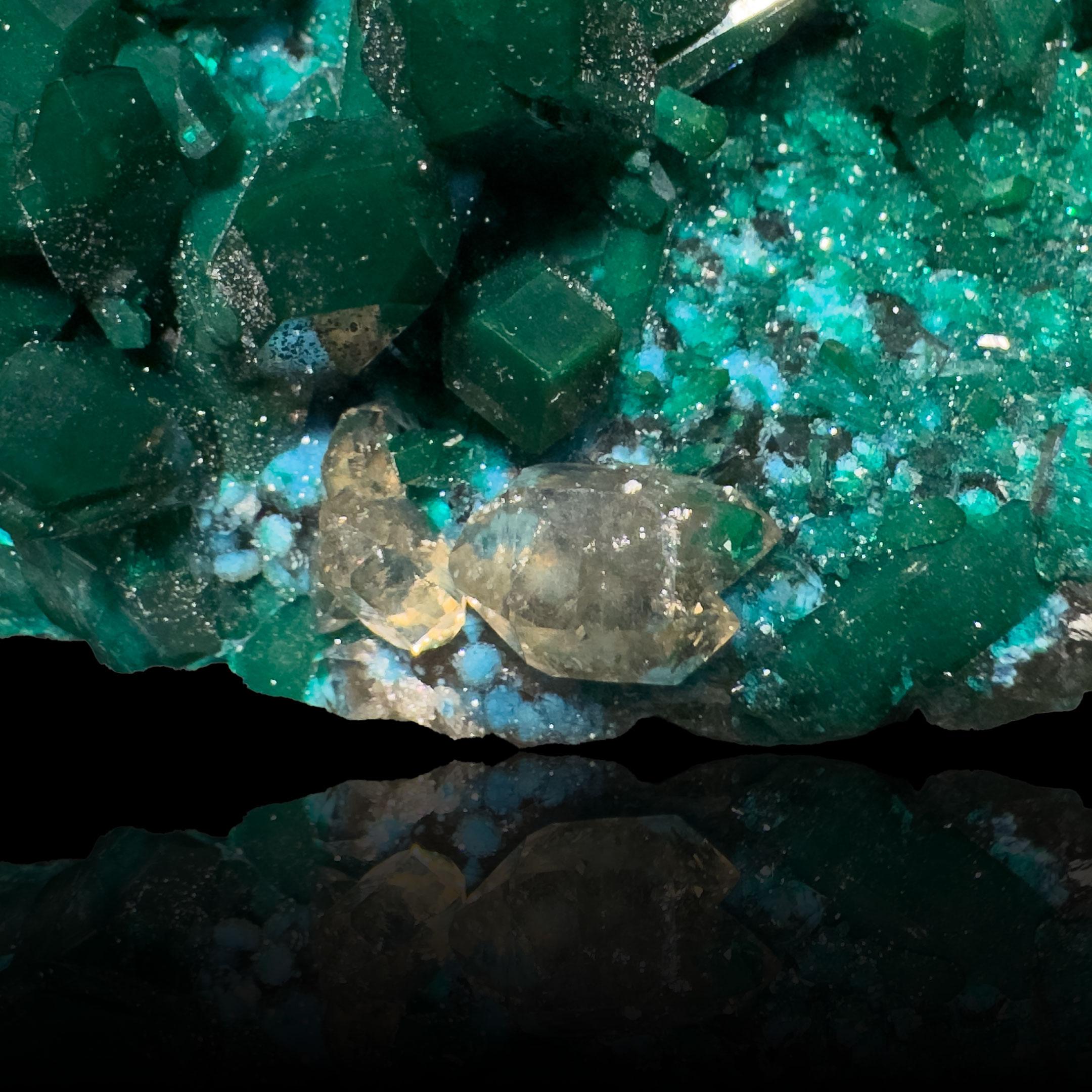 Contemporary Dioptase on Calcite With Plancheite For Sale