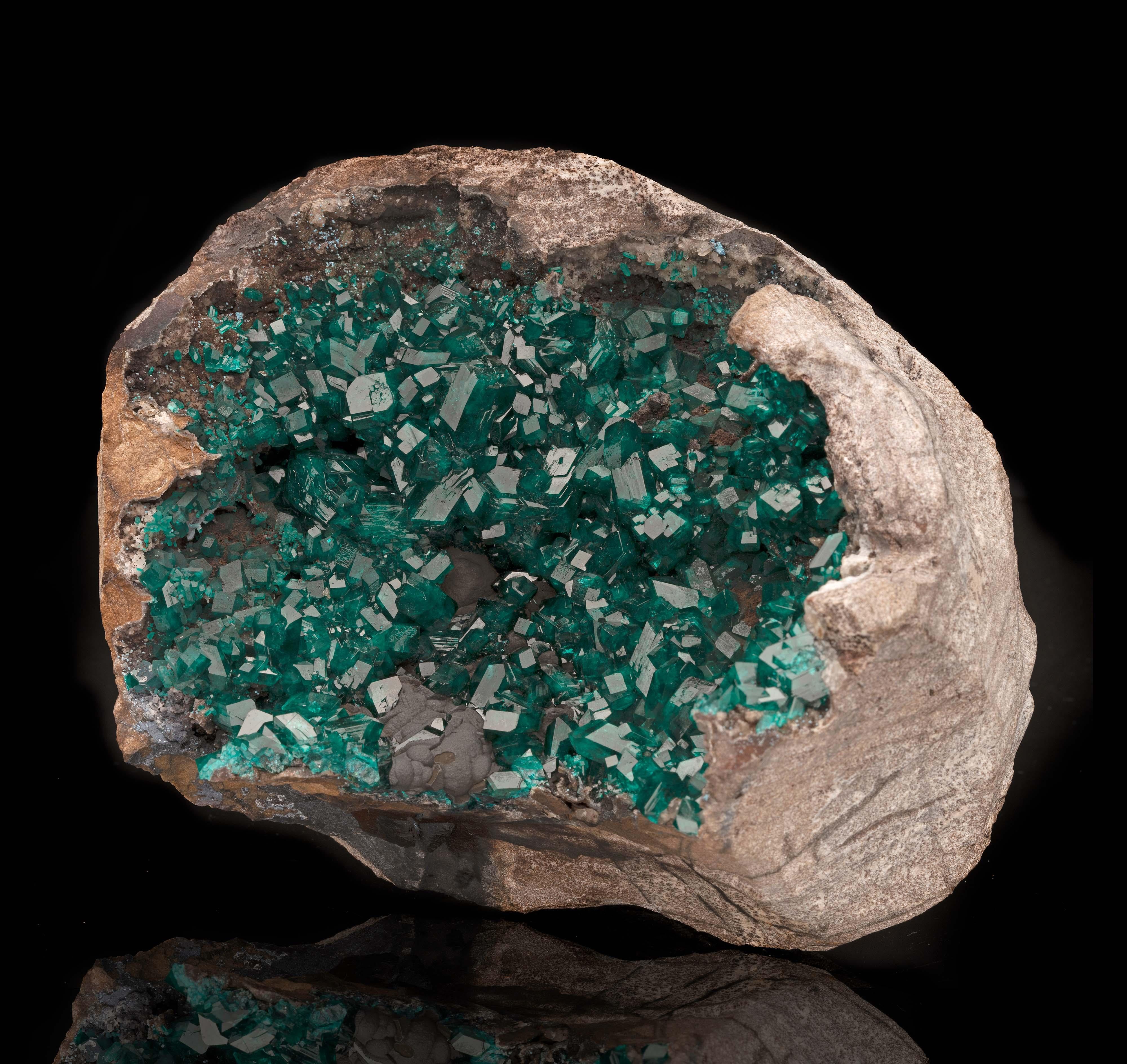 Congolese Dioptase on Goethite Vug For Sale