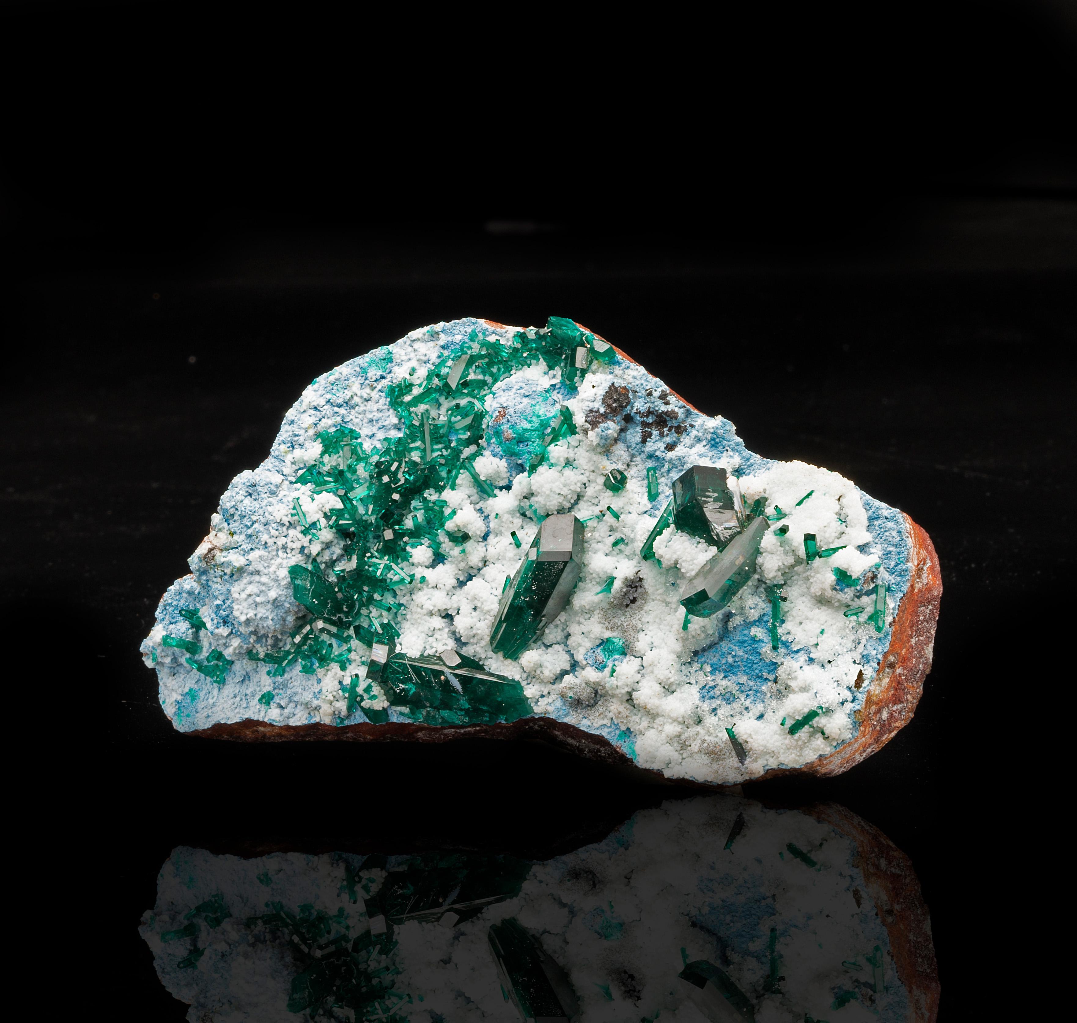 Congolese Dioptase on Plancheite and Calcite For Sale