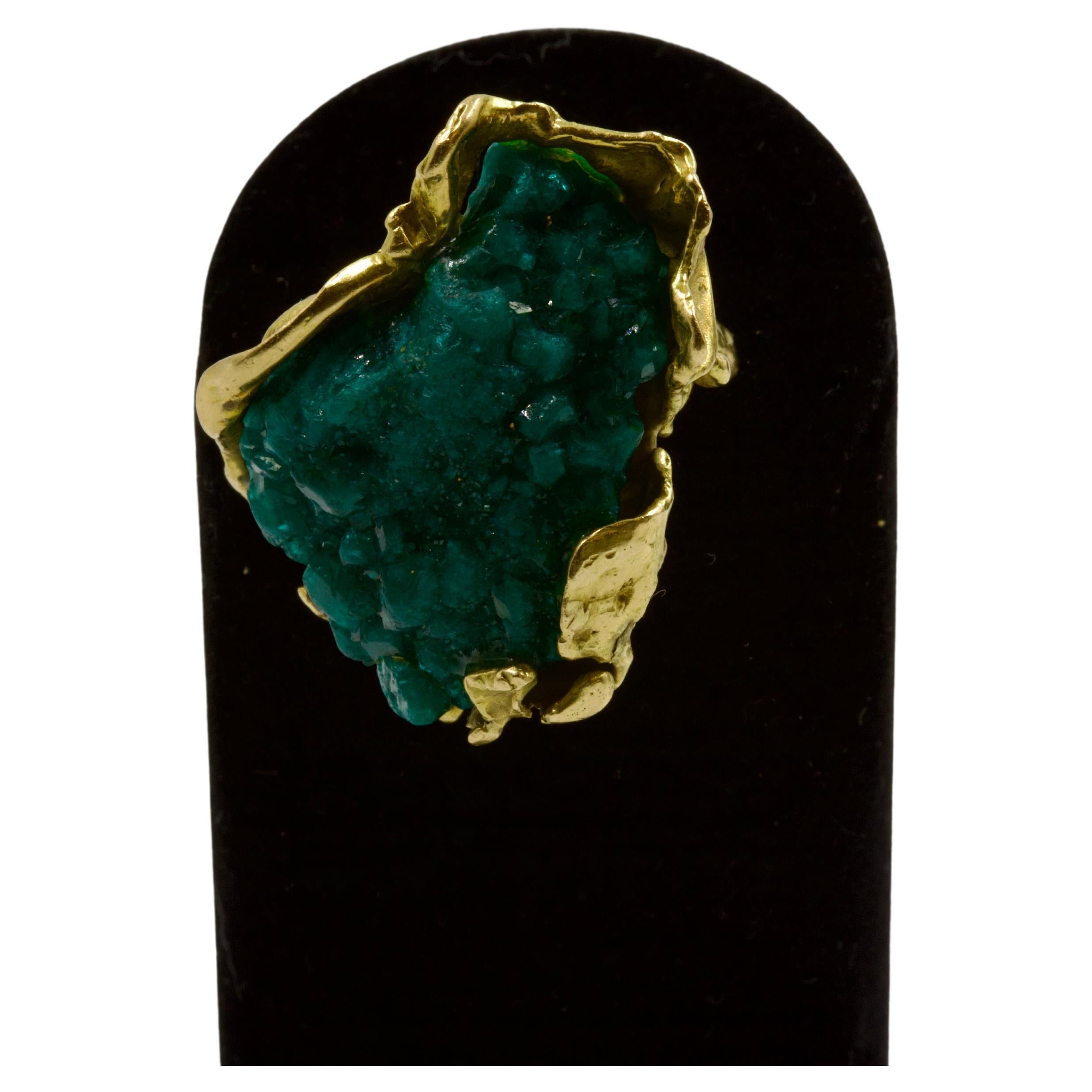 Dioptase Ring by Arlette Mouchet, textured yellow gold, dioptase geode, maker's mark 