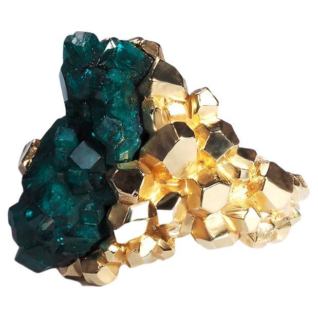 Dioptase ring gold Crystal Engagement ring unisex statement For Sale