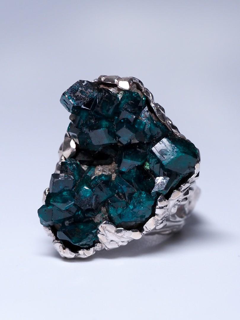 Dioptase Silberring Große natürliche Kristalle Smaragdgrün Statement Geschenk für Männer im Angebot 2