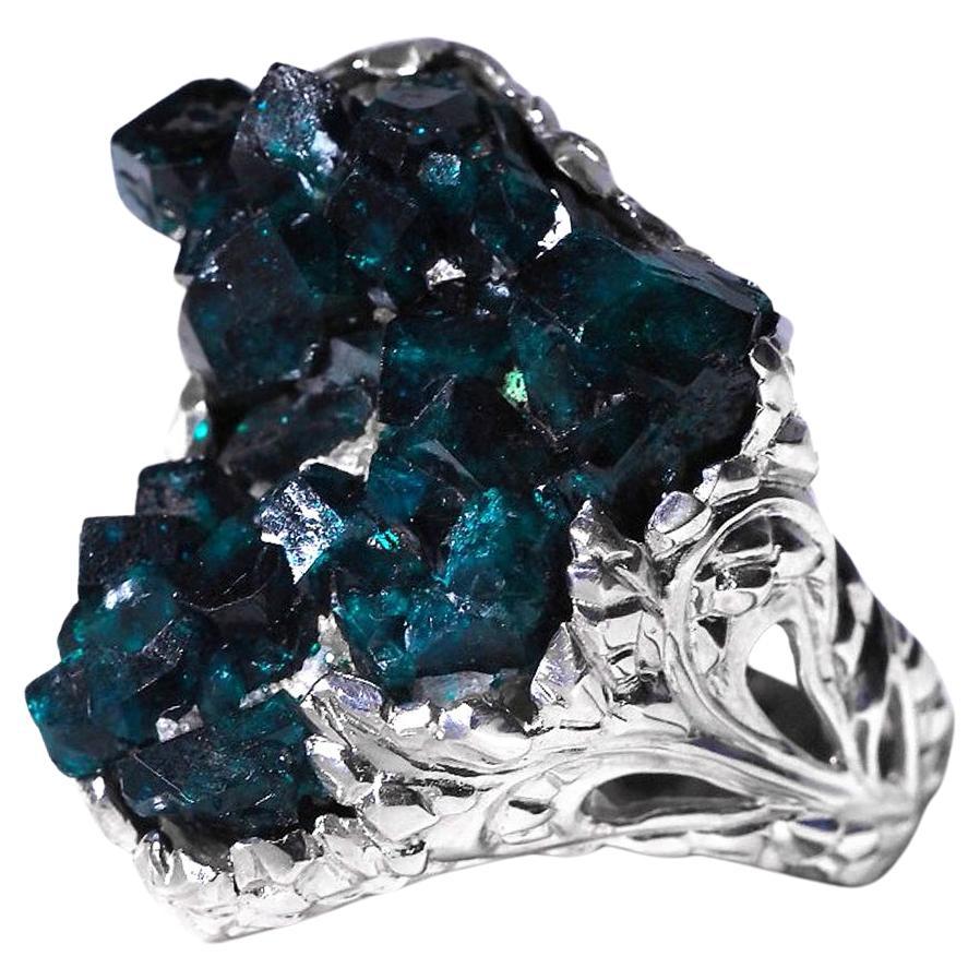 Dioptase Silberring Große natürliche Kristalle Smaragdgrün Statement Geschenk für Männer im Angebot