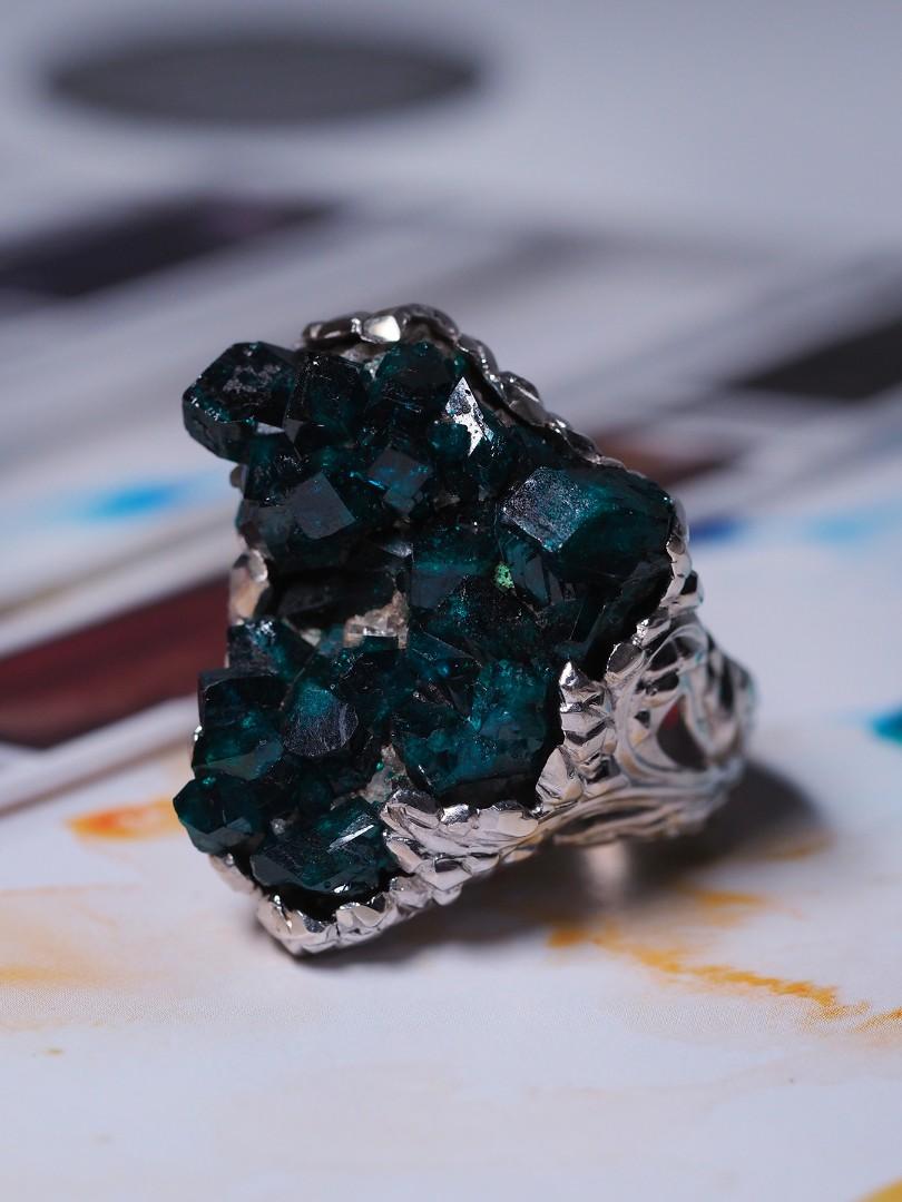 Dioptase Silver Ring Natural Crystals Dark Bluish Green Uncut Forest Witch Style For Sale 2