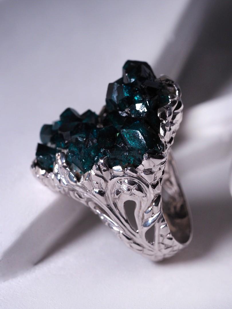 Artisan Dioptase Silver Ring Natural Crystals Dark Bluish Green Uncut Forest Witch Style For Sale
