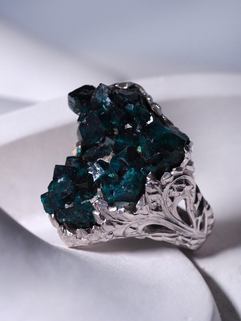 Dioptase Silver Ring Natural Crystals Dark Bluish Green Uncut Forest Witch Style For Sale 1