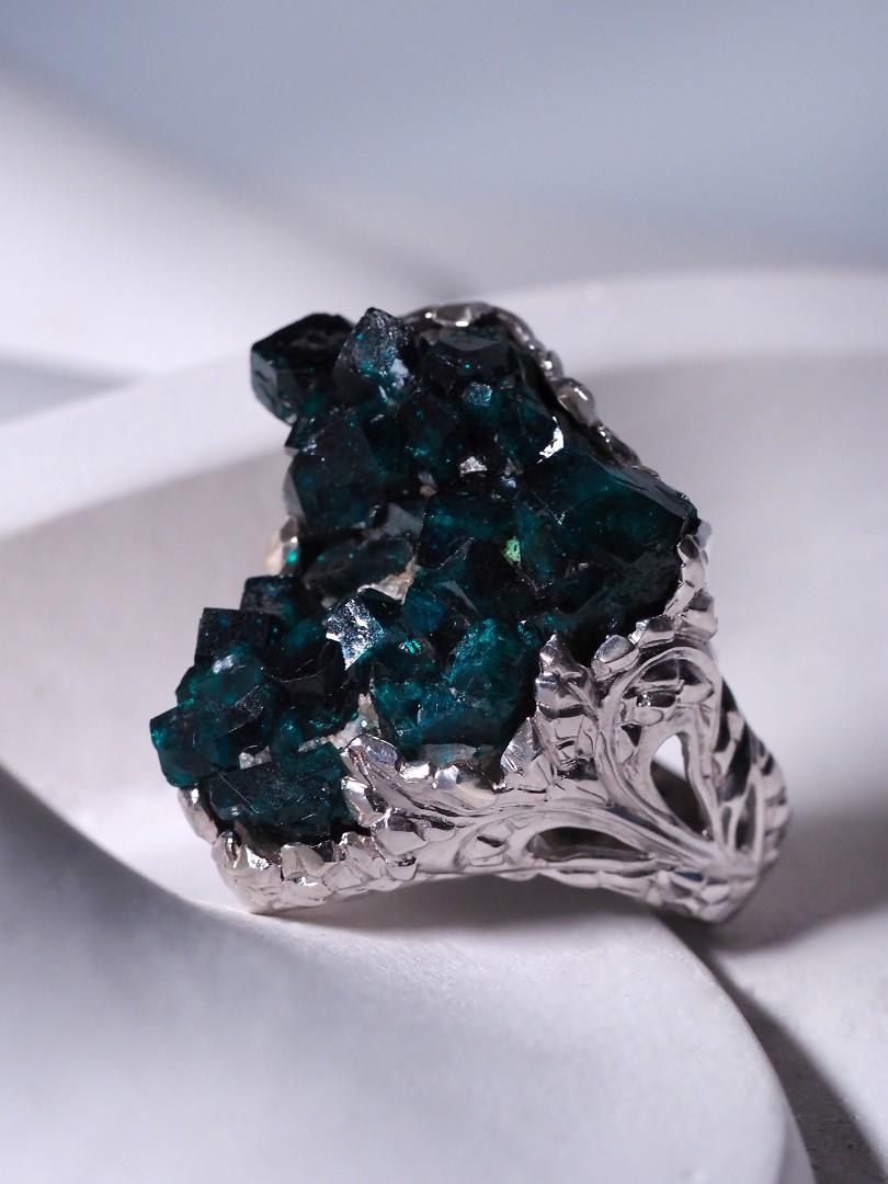 Dioptase Silver Ring Natural Crystals Dark Bluish Green Uncut Forest Witch Style 1