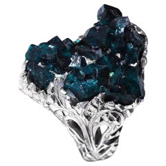 Dioptase Silver Ring Natural Crystals Dark Bluish Green Uncut Forest Witch Style