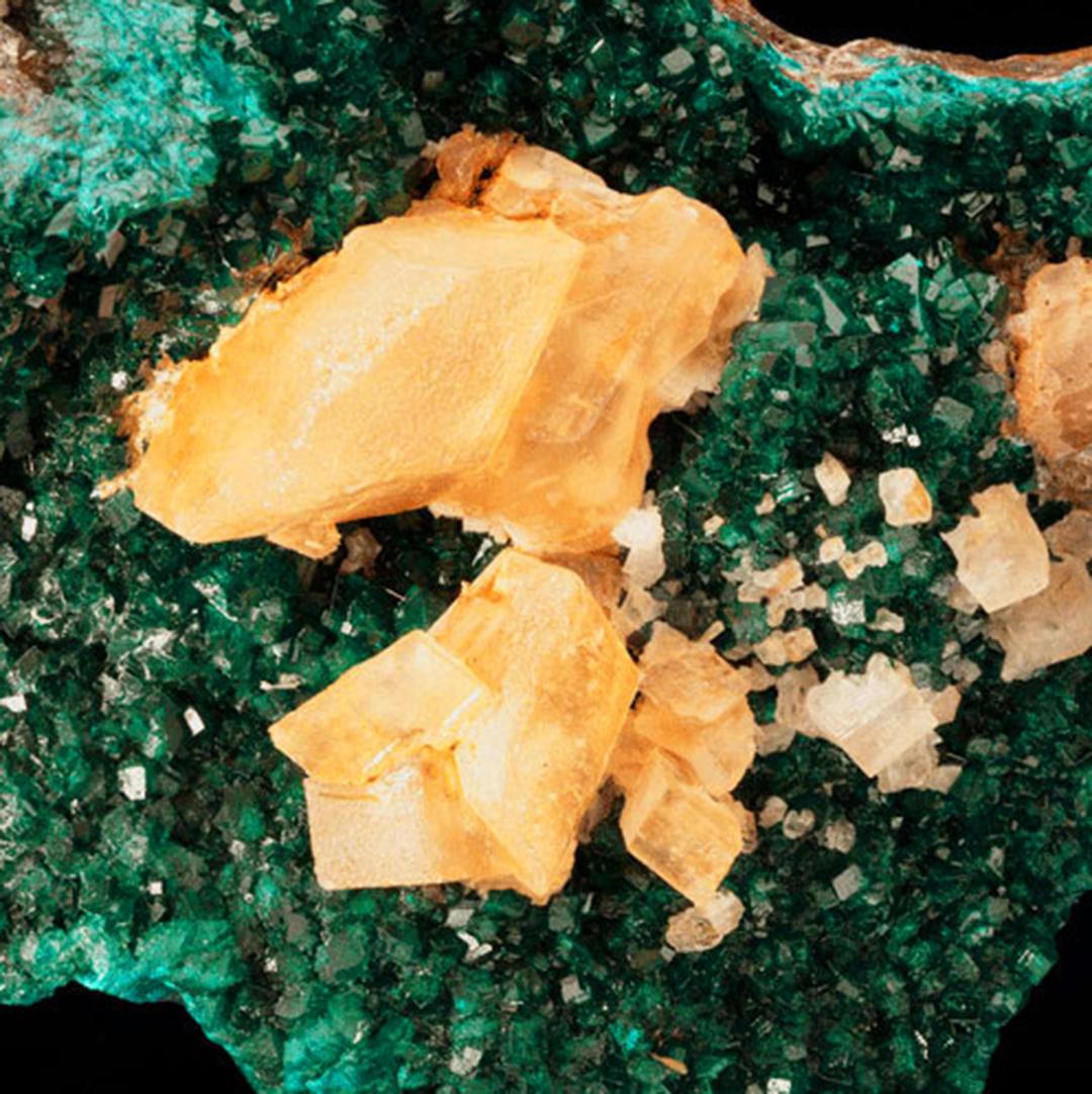 Contemporary Dioptase with Golden Calcite For Sale