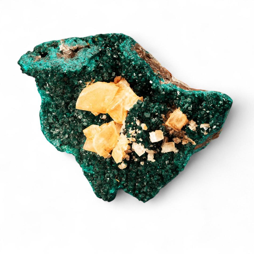 Dioptase with Golden Calcite For Sale 1