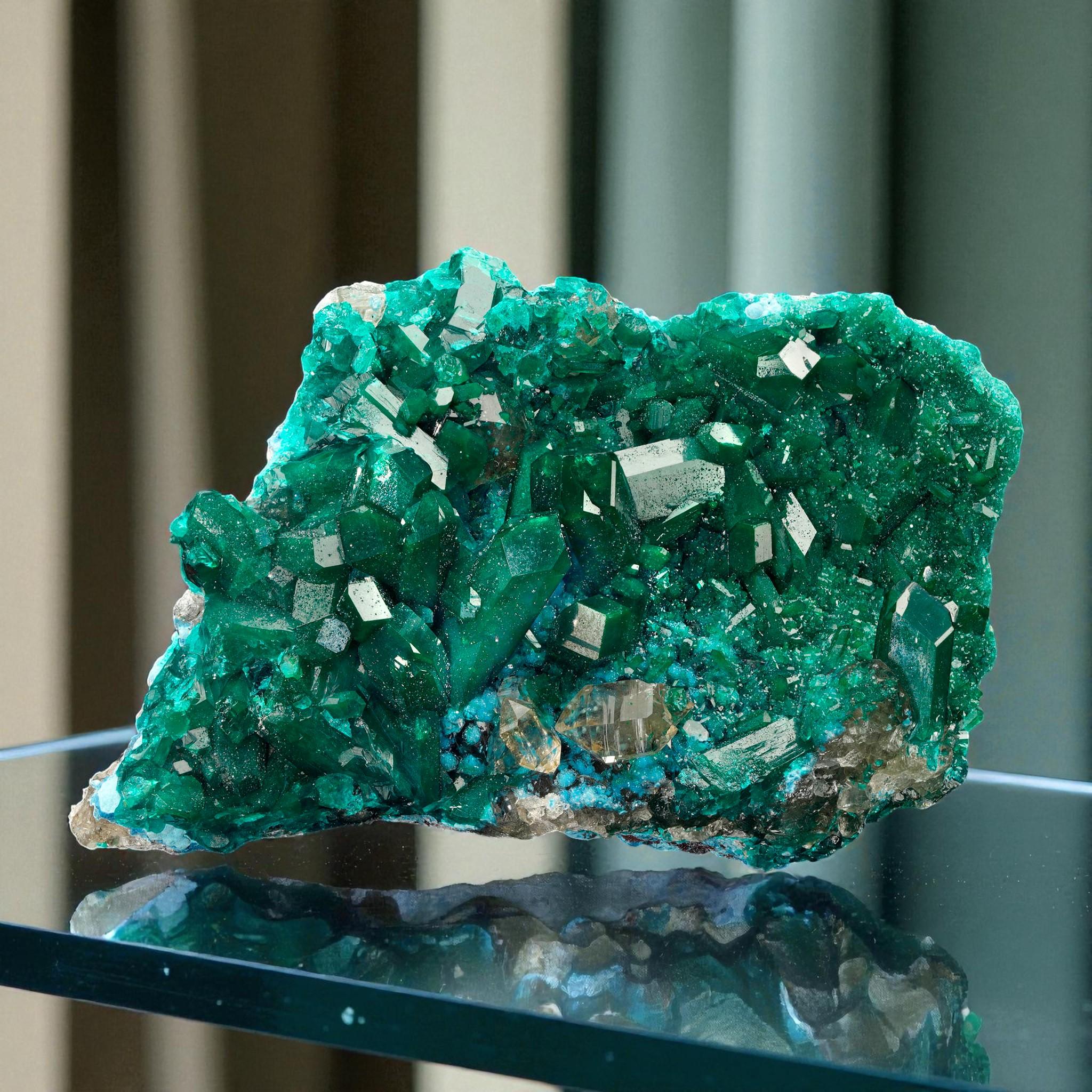 Cristallo Dioptasio con plancheite su calcite I in vendita