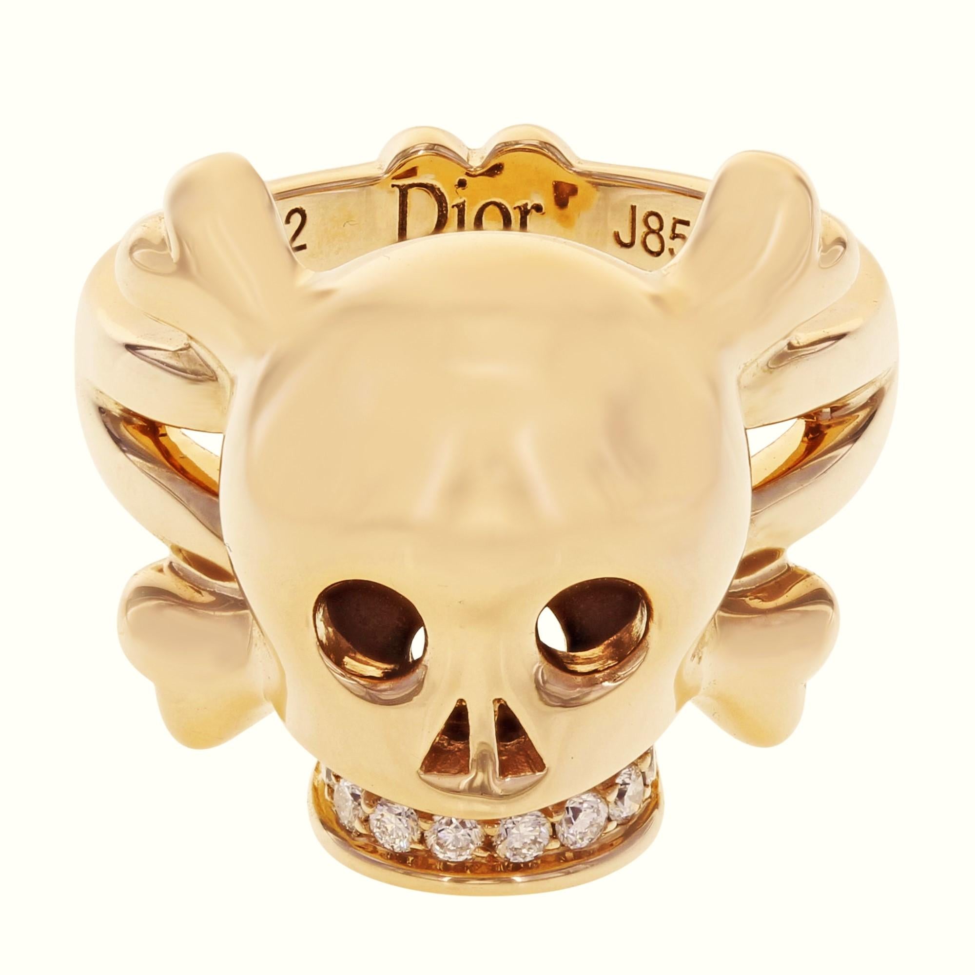 Round Cut Dior 18 Karat Rose Gold Diamond Skull Ring 0.08 Carat