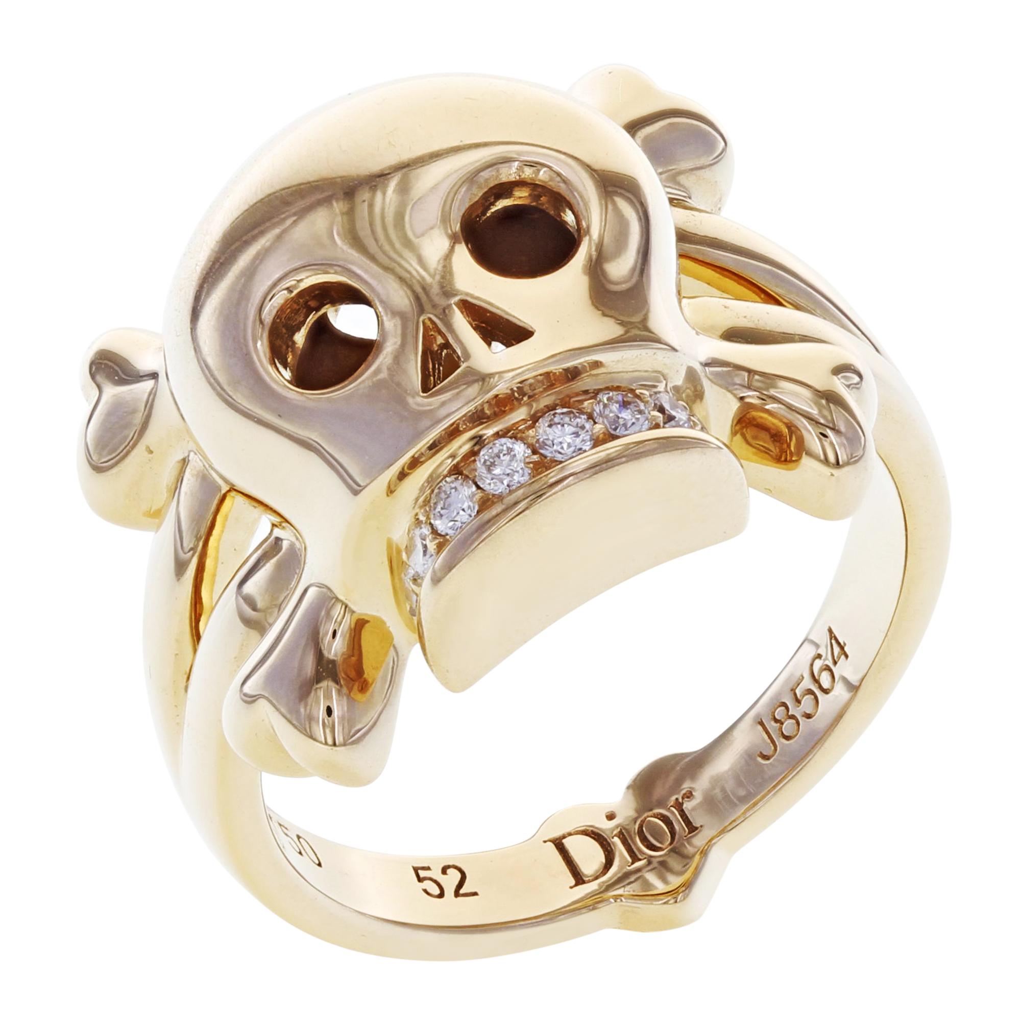 Dior 18 Karat Rose Gold Diamond Skull Ring 0.08 Carat